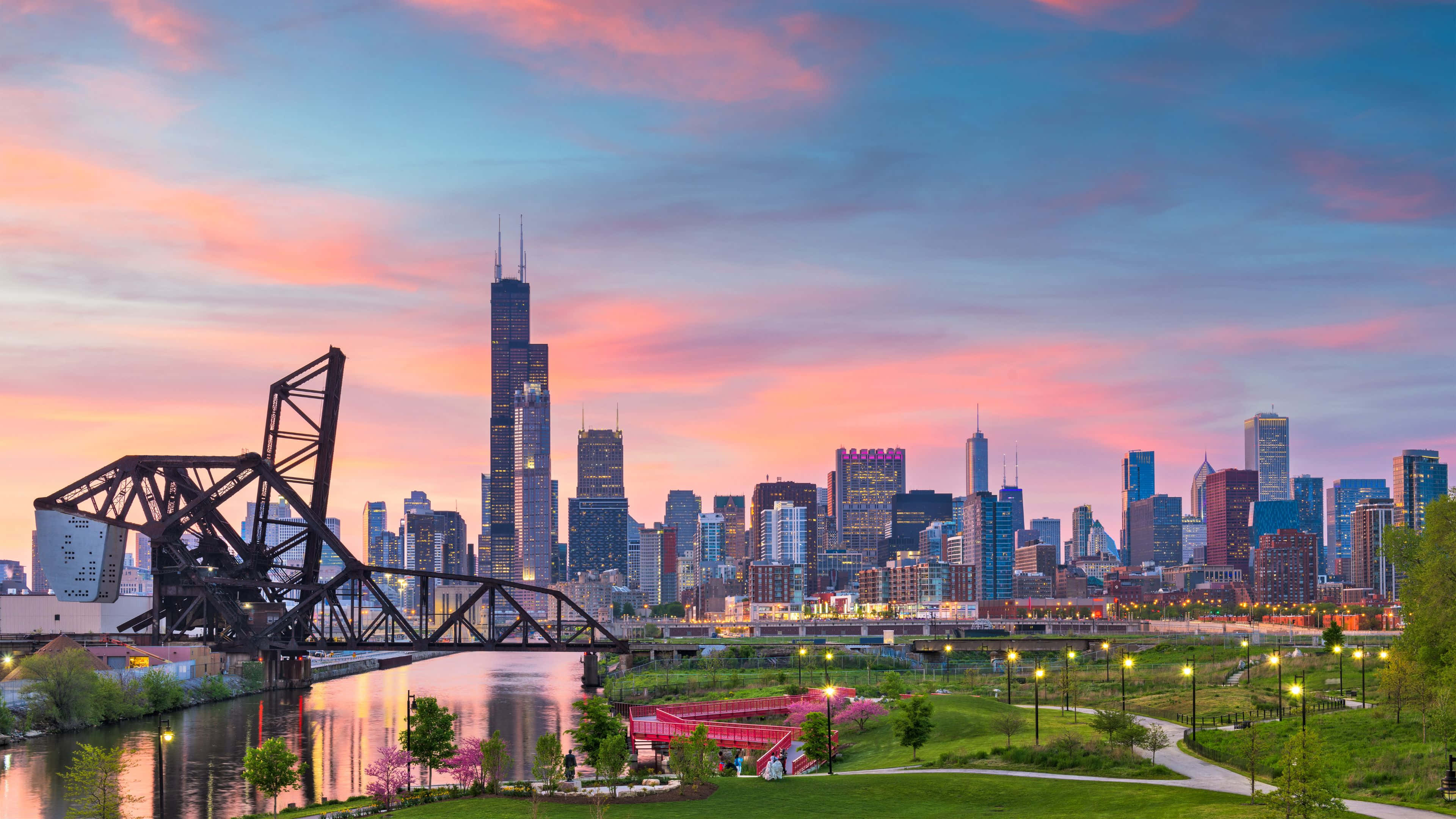 Chicago skyline, sunset, raised bridge, 4K Desktop Wallpaper