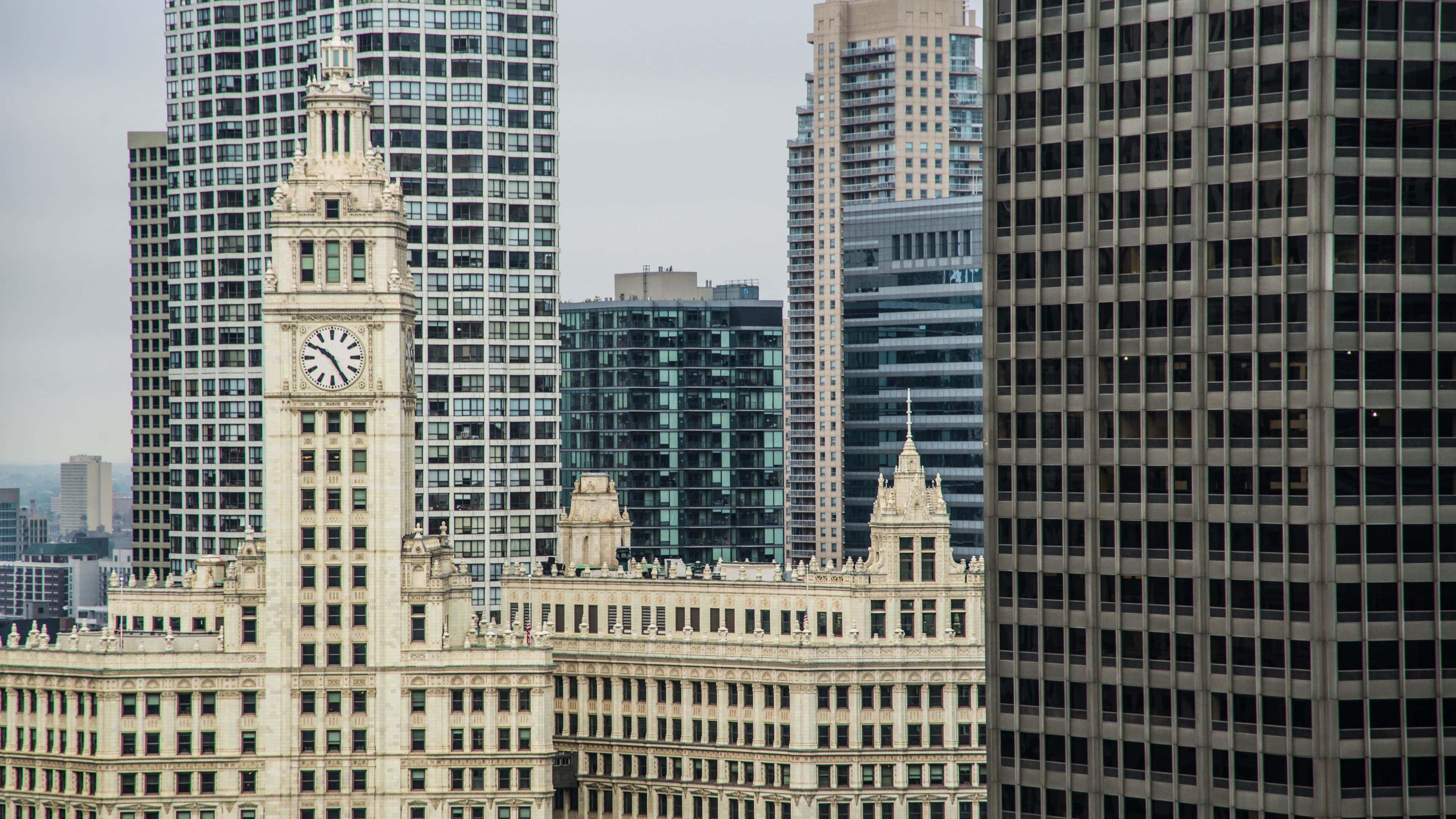 Chicago, clock tower building, modern skyscrapers, 4K Desktop Wallpaper