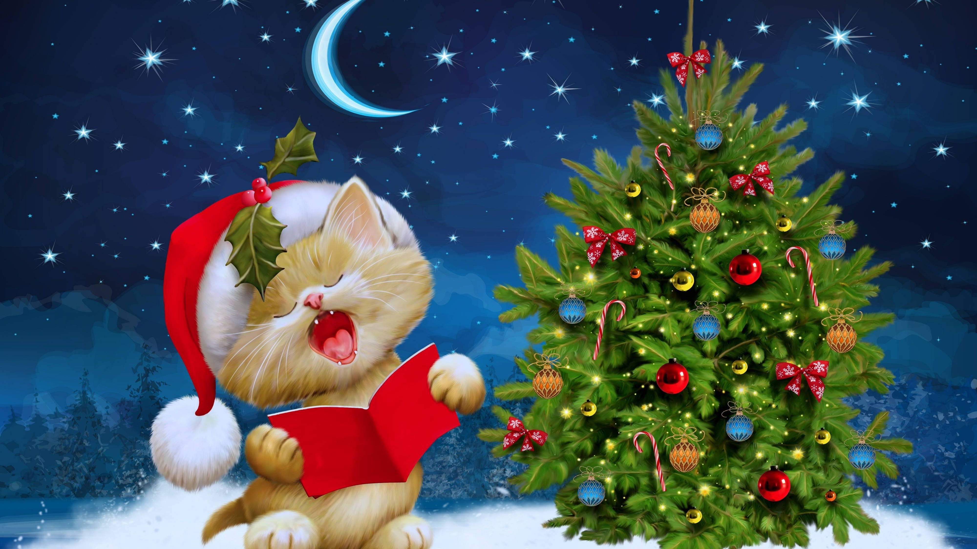 ginger kitten, Santa hat, Christmas tree, 4K Desktop Wallpaper