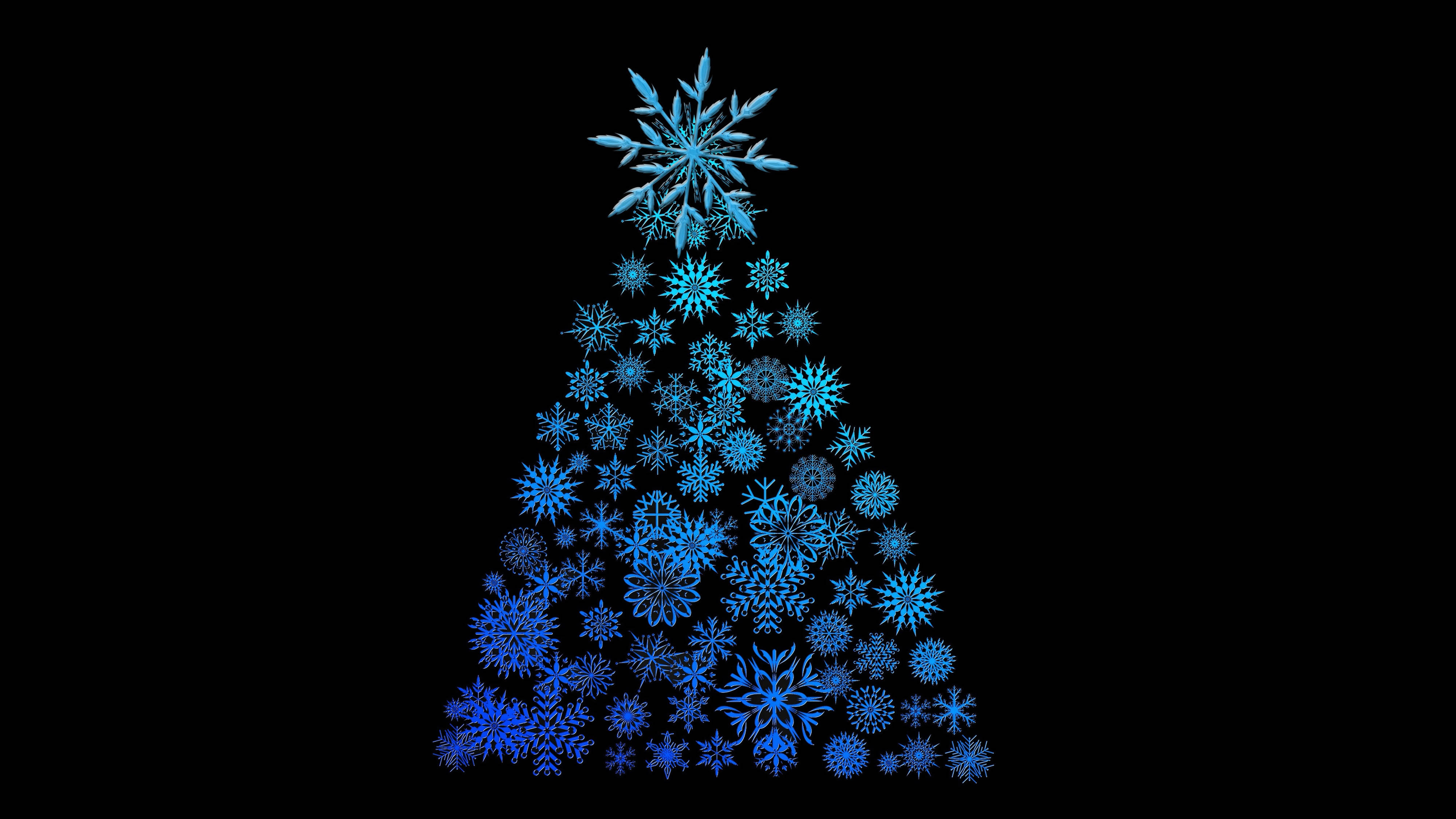 4K Ultra HD Christmas, glowing blue snowflakes, Christmas tree, 4K Desktop Wallpaper