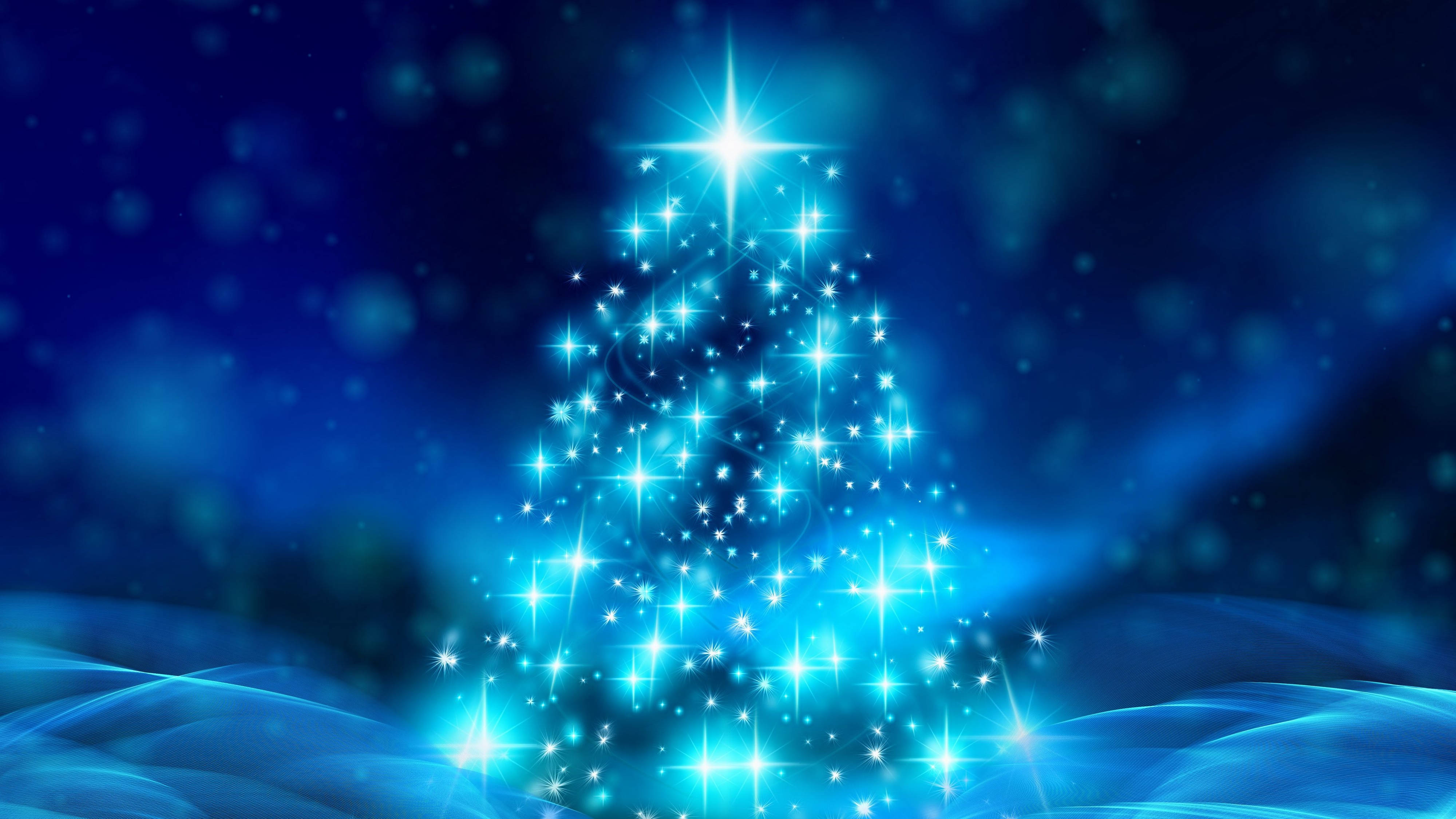 4K Ultra HD Christmas, radiant blue Christmas tree, sparkling stars, 4K Desktop Wallpaper