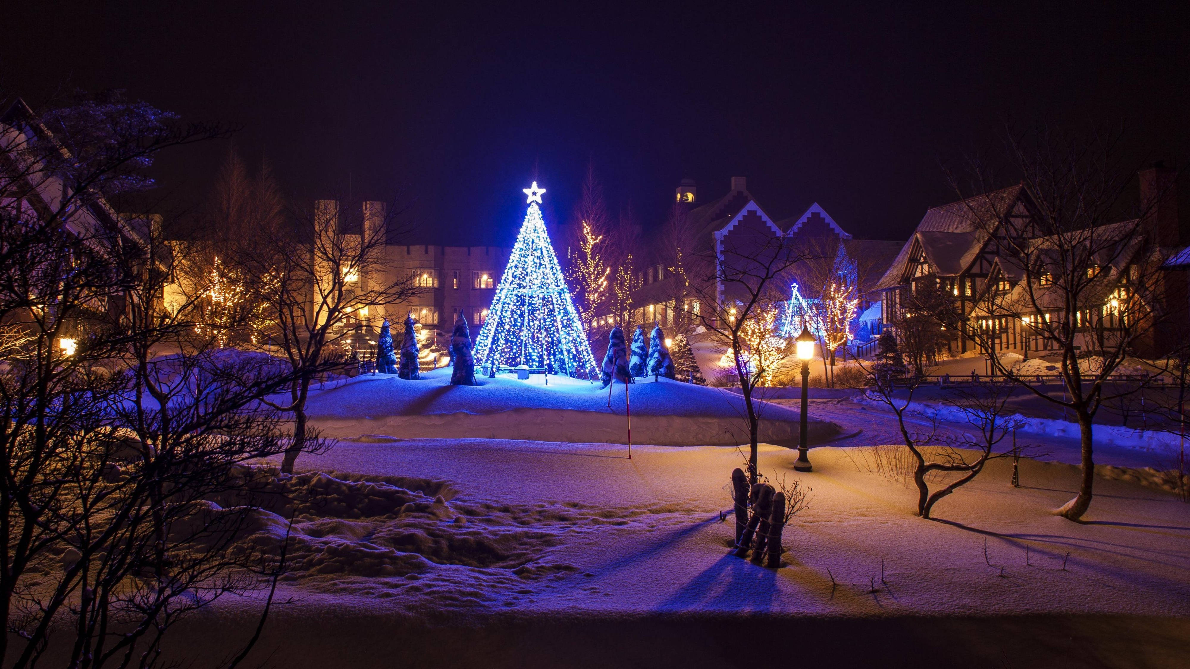 4K Ultra HD Christmas Town, snow-covered park, night, 4K Desktop Wallpaper