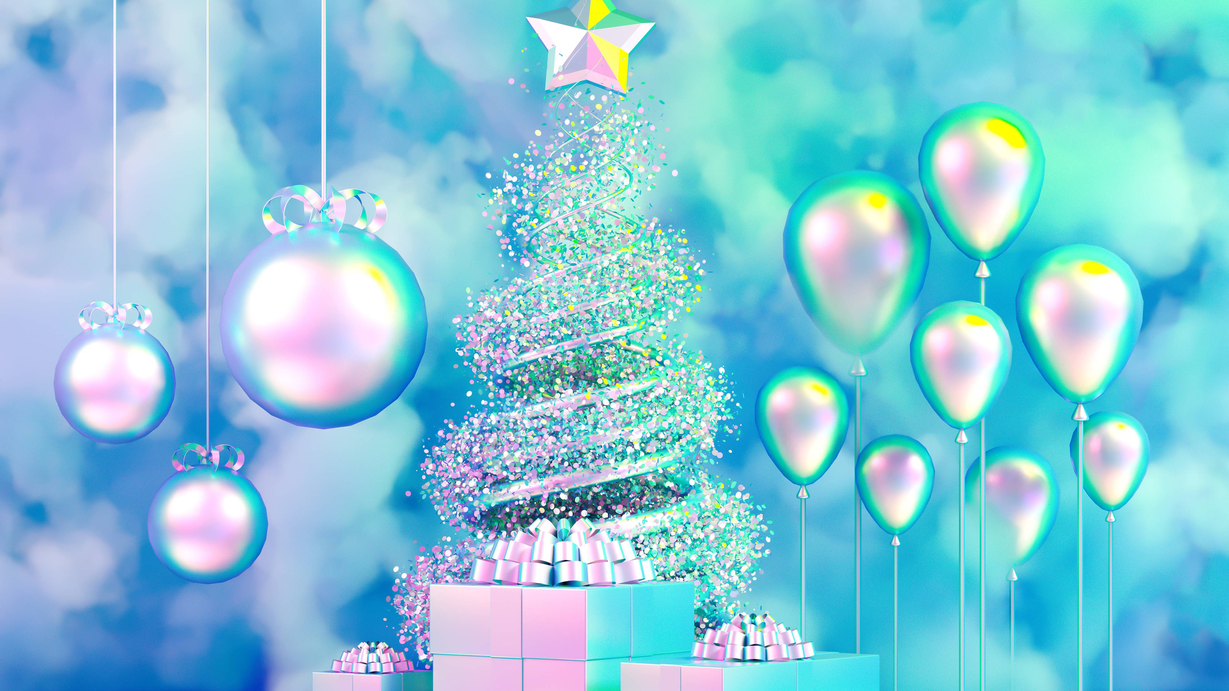 blue 4k ultra hd christmas tree, holographic Christmas tree, iridescent ornaments, 4K Desktop Wallpaper