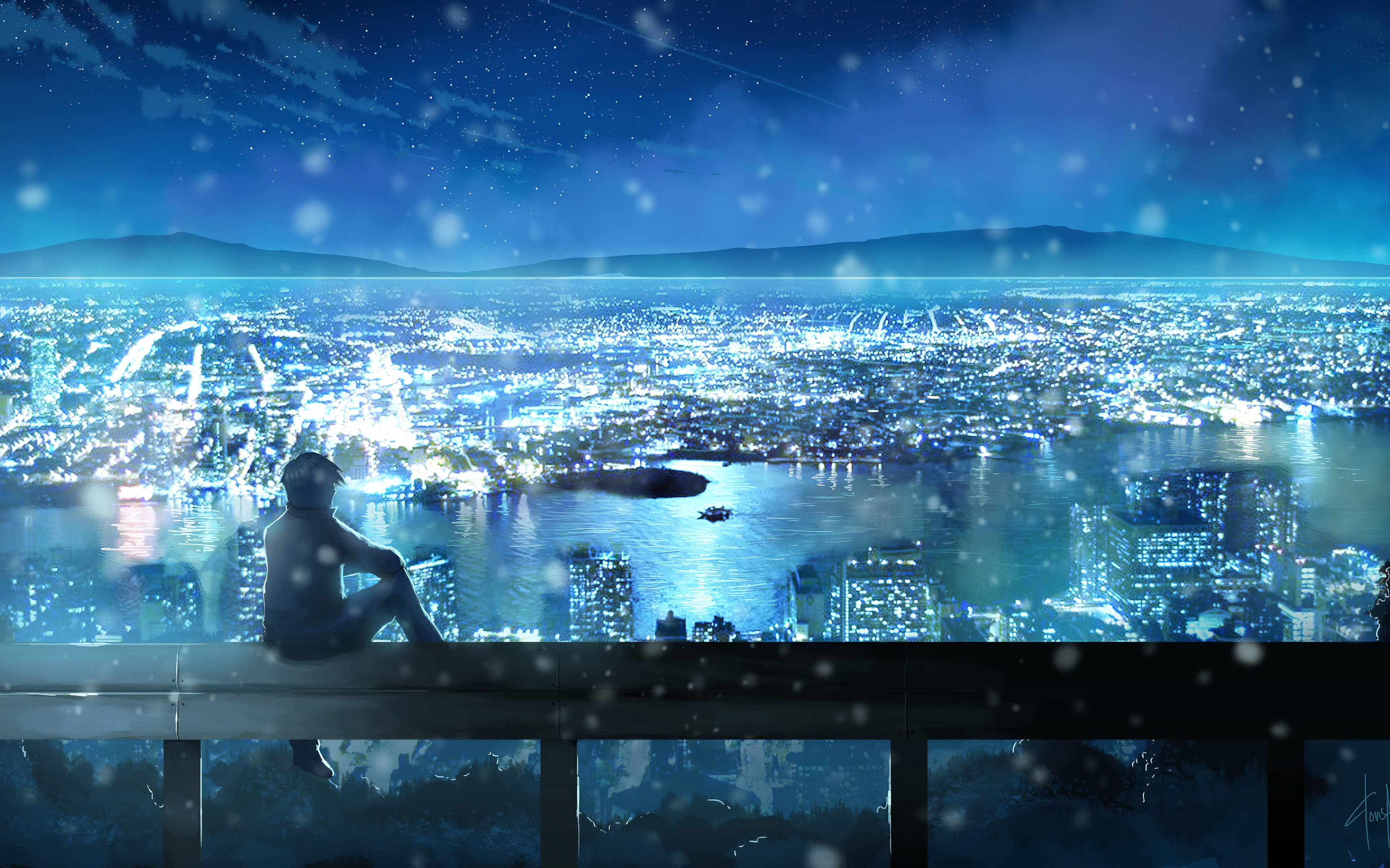 4K Ultra HD City, blue lights, snowy night sky, 4K Desktop Wallpaper