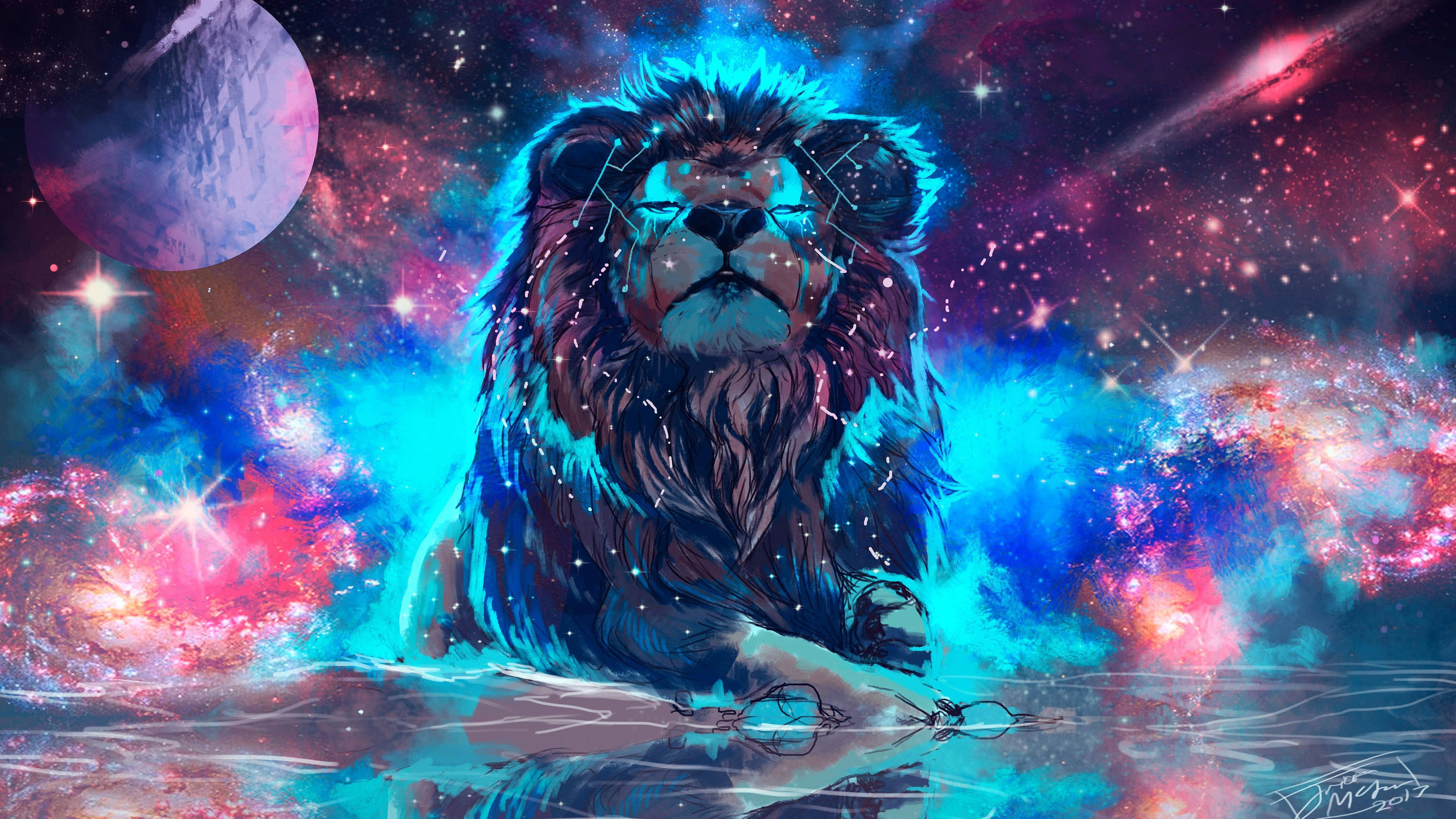 4K Ultra HD Lions, glowing blue mane, cosmic waters, 4K Desktop Wallpaper