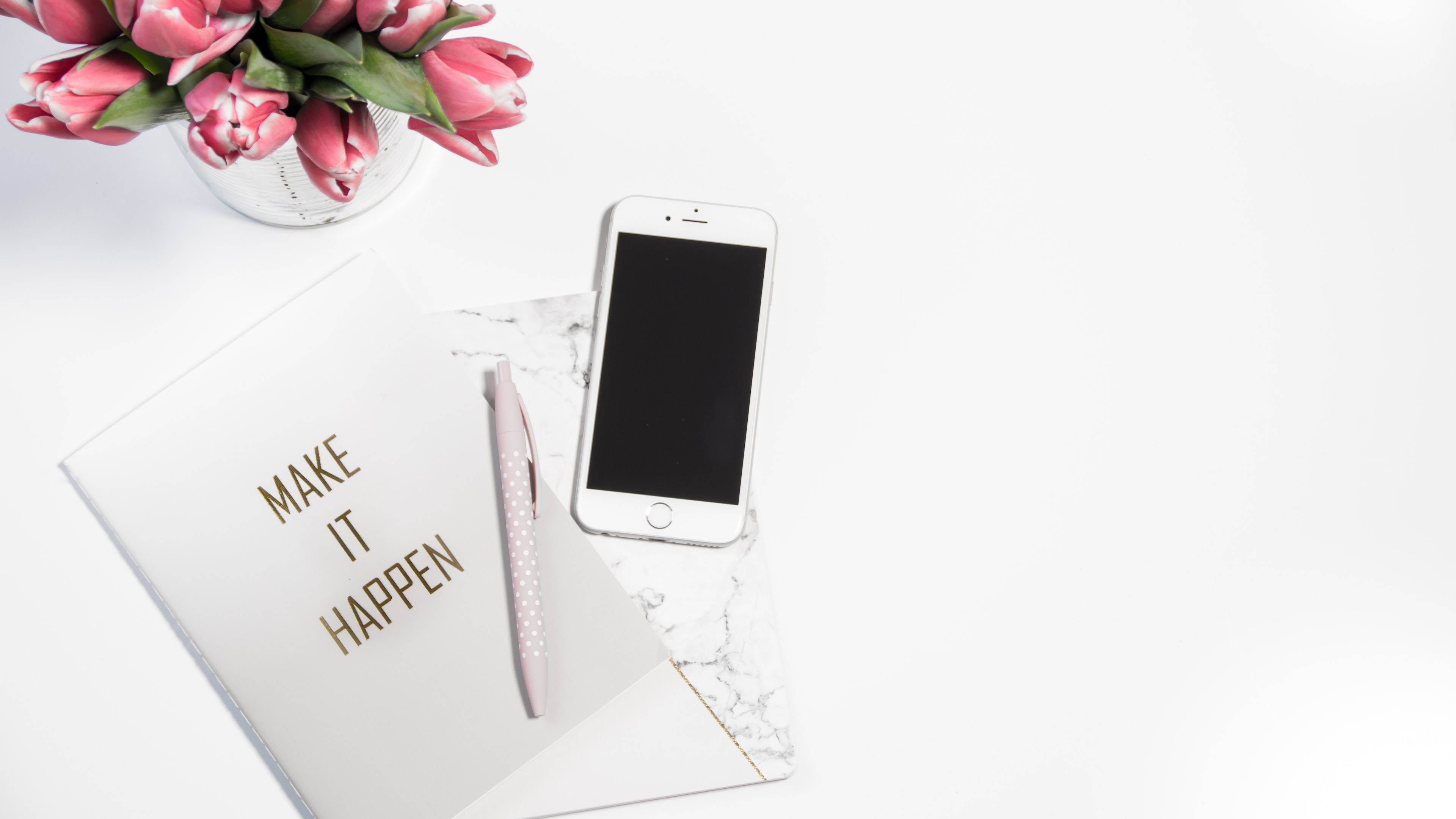 pink tulips, smartphone, notebook, 4K Desktop Wallpaper