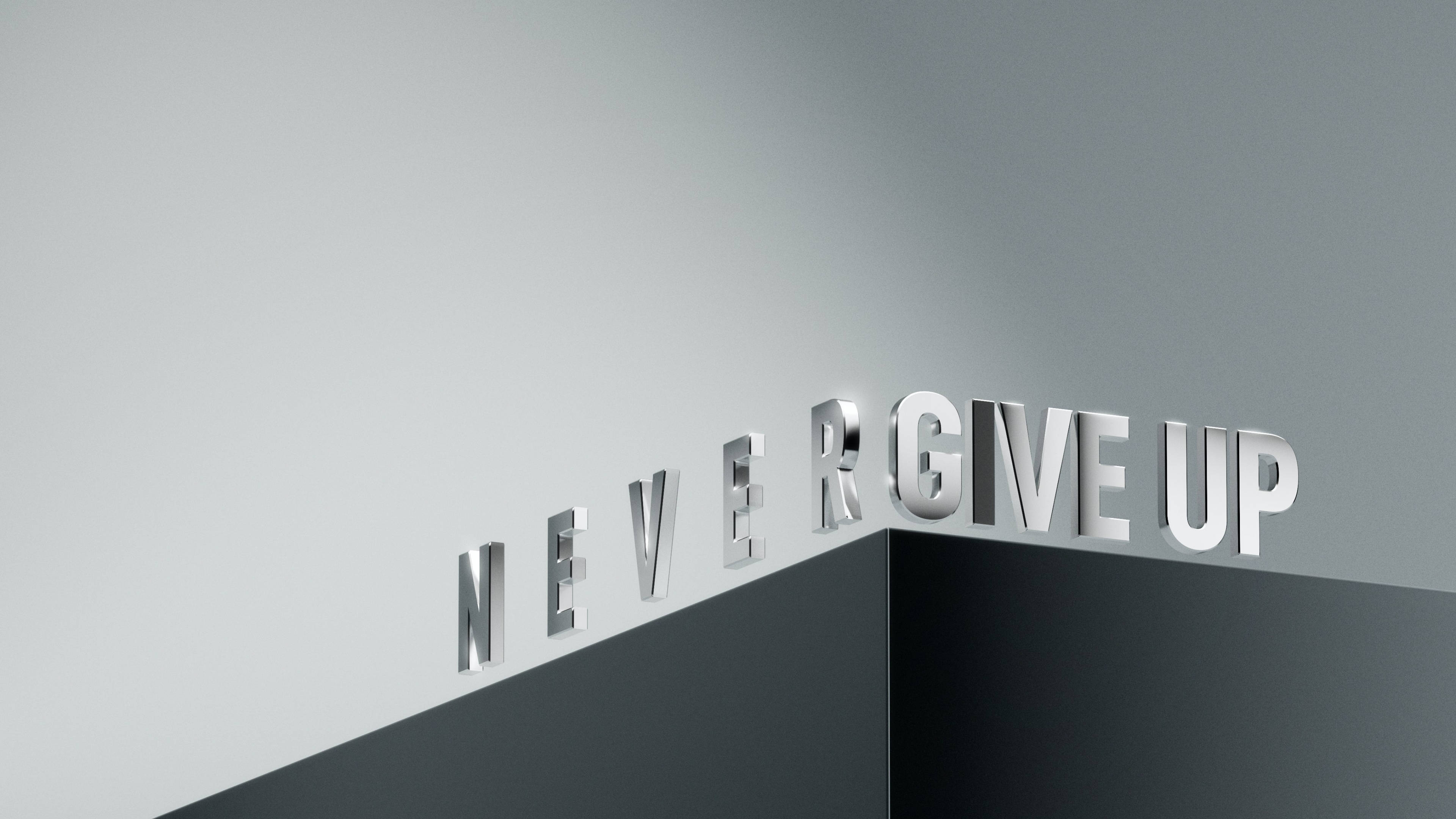 NEVER GIVE UP, metallic 3D letters, minimalist gray wall corner, 4K Desktop Wallpaper