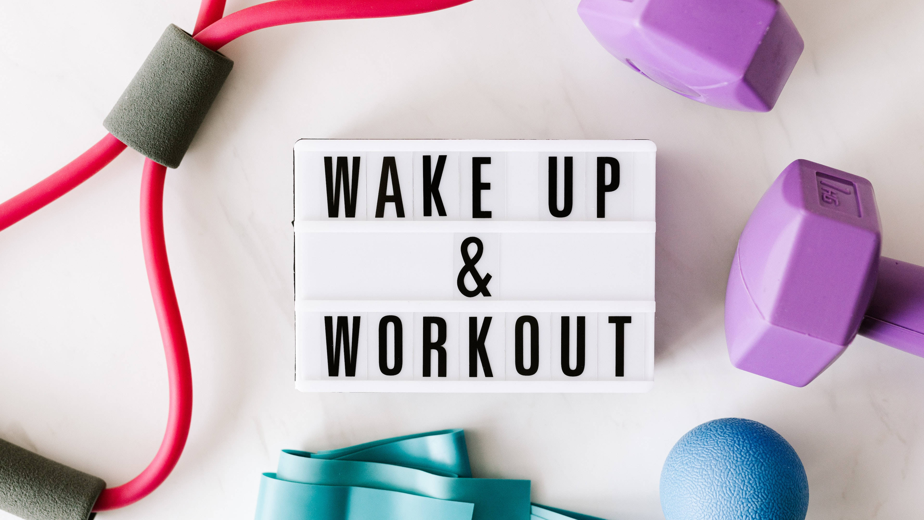 WAKE UP & WORKOUT, lightbox sign, colorful fitness gear, 4K Desktop Wallpaper