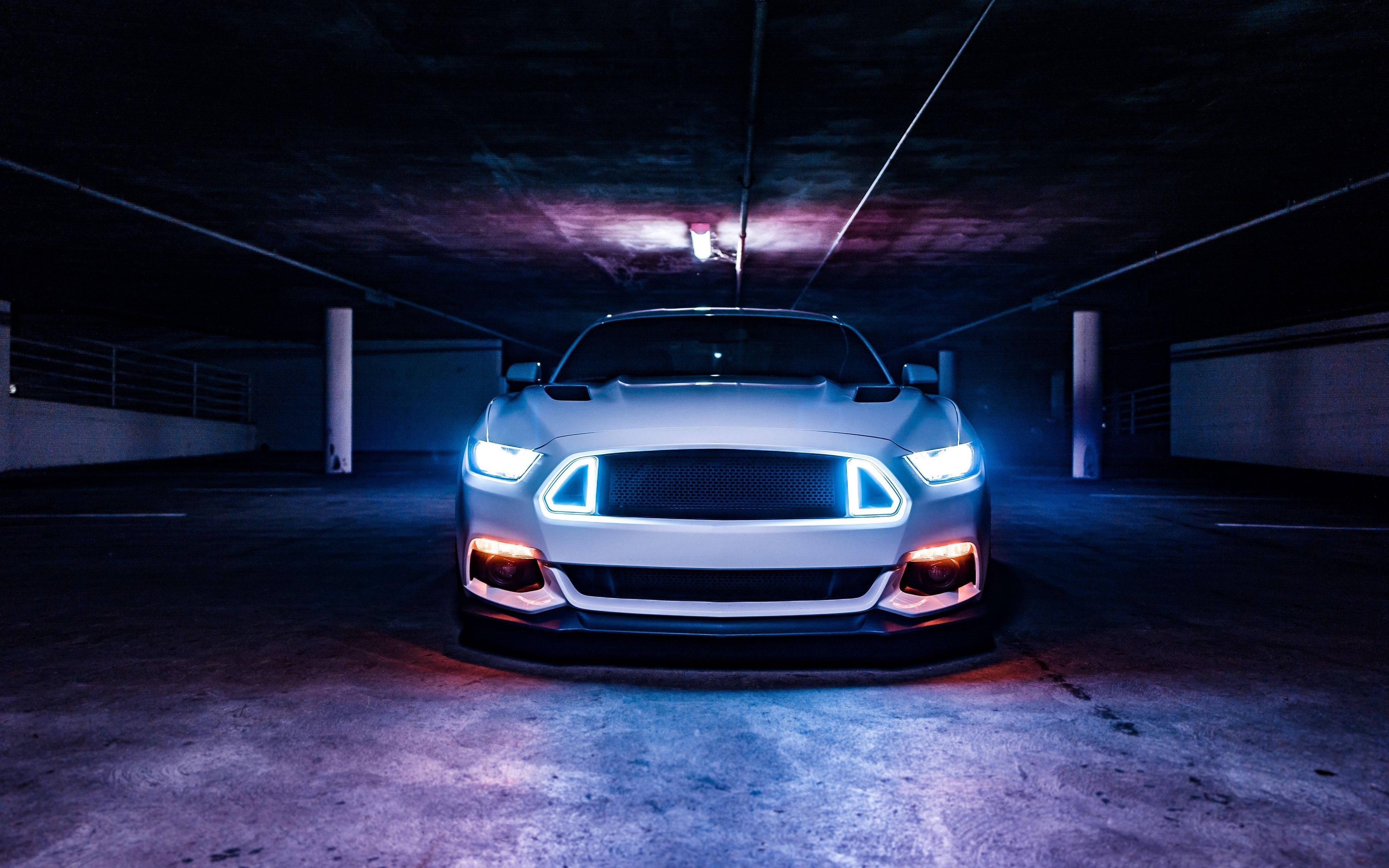 4K Ultra HD Mustang, white sports car, glowing blue and orange headlights, 4K Desktop Wallpaper