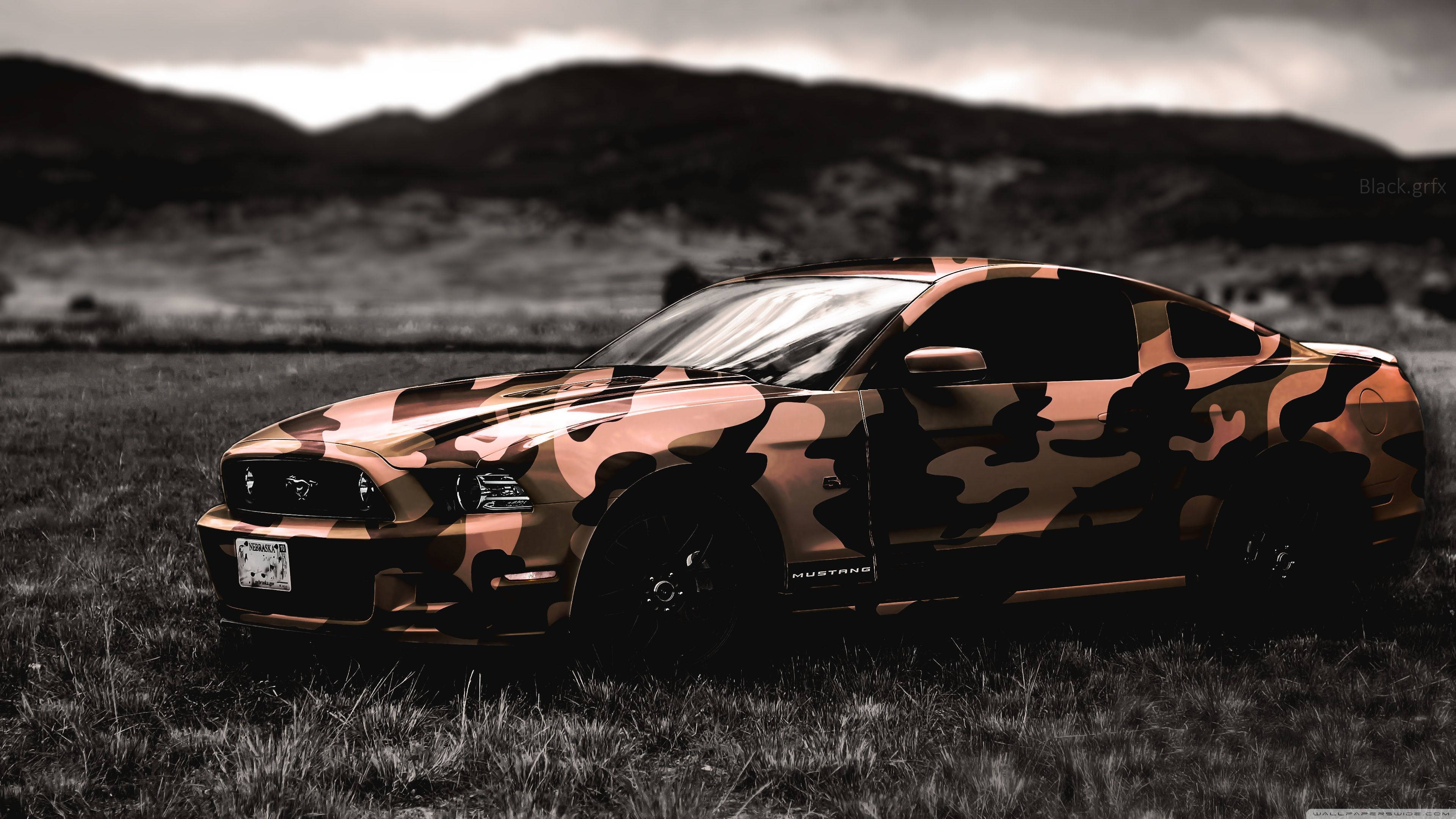 4K Ultra HD Mustang, camouflaged orange Mustang, grassy field, 4K Desktop Wallpaper