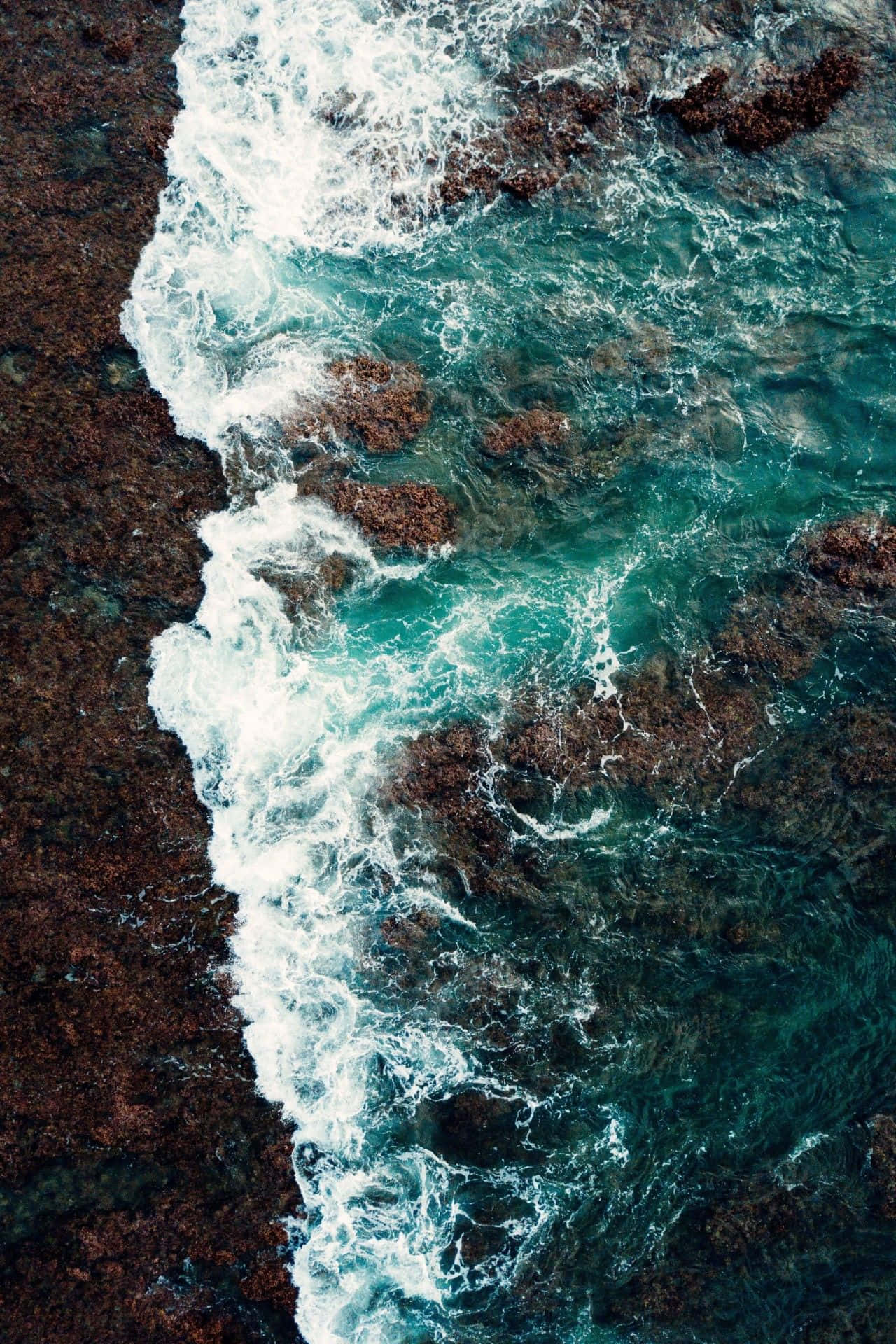 aerial view, turquoise waves, dark brown rocky shores, Full HD Phone Wallpaper