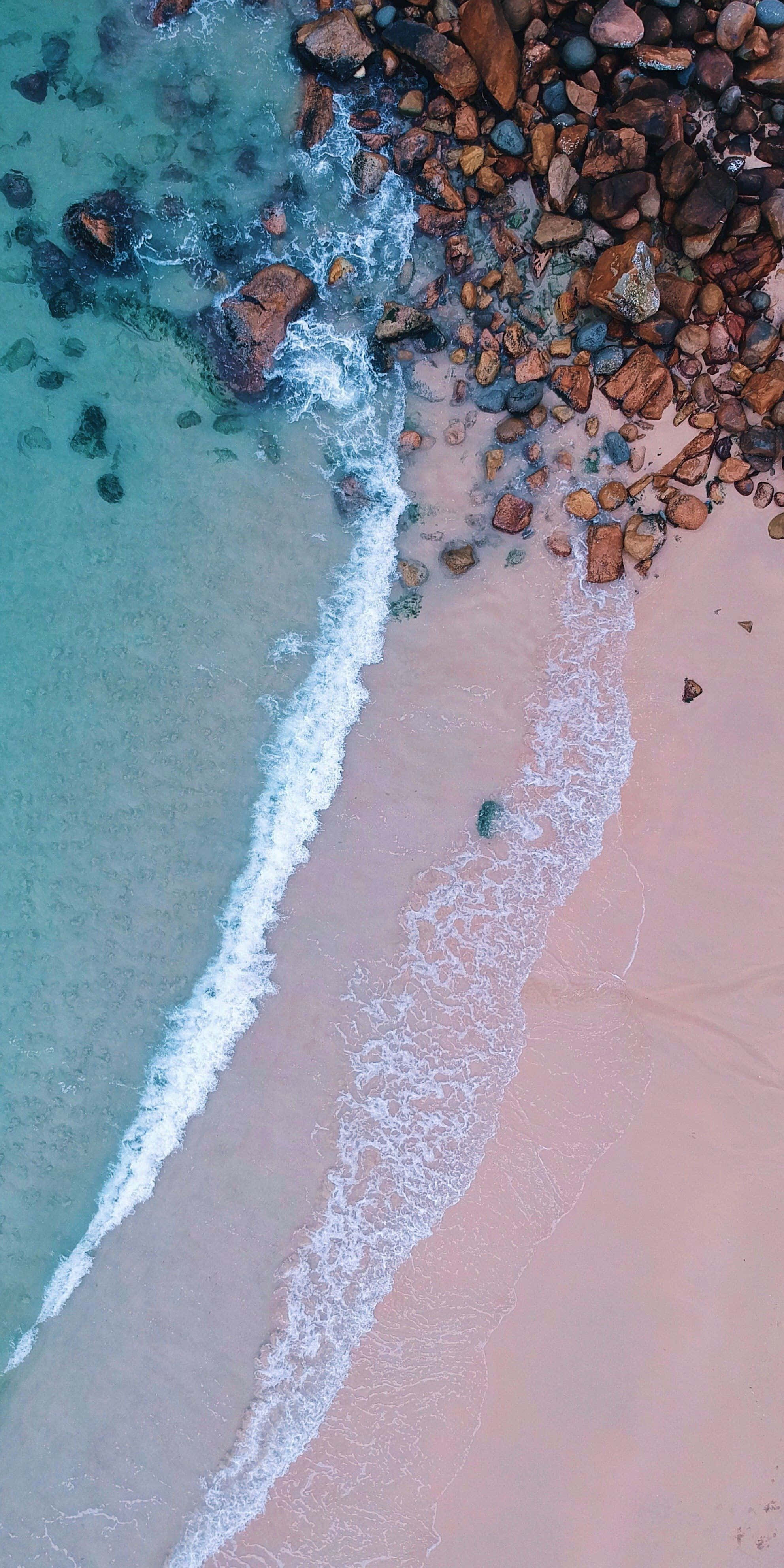 aerial view, turquoise waves, pink sand beach, 4K Phone Wallpaper
