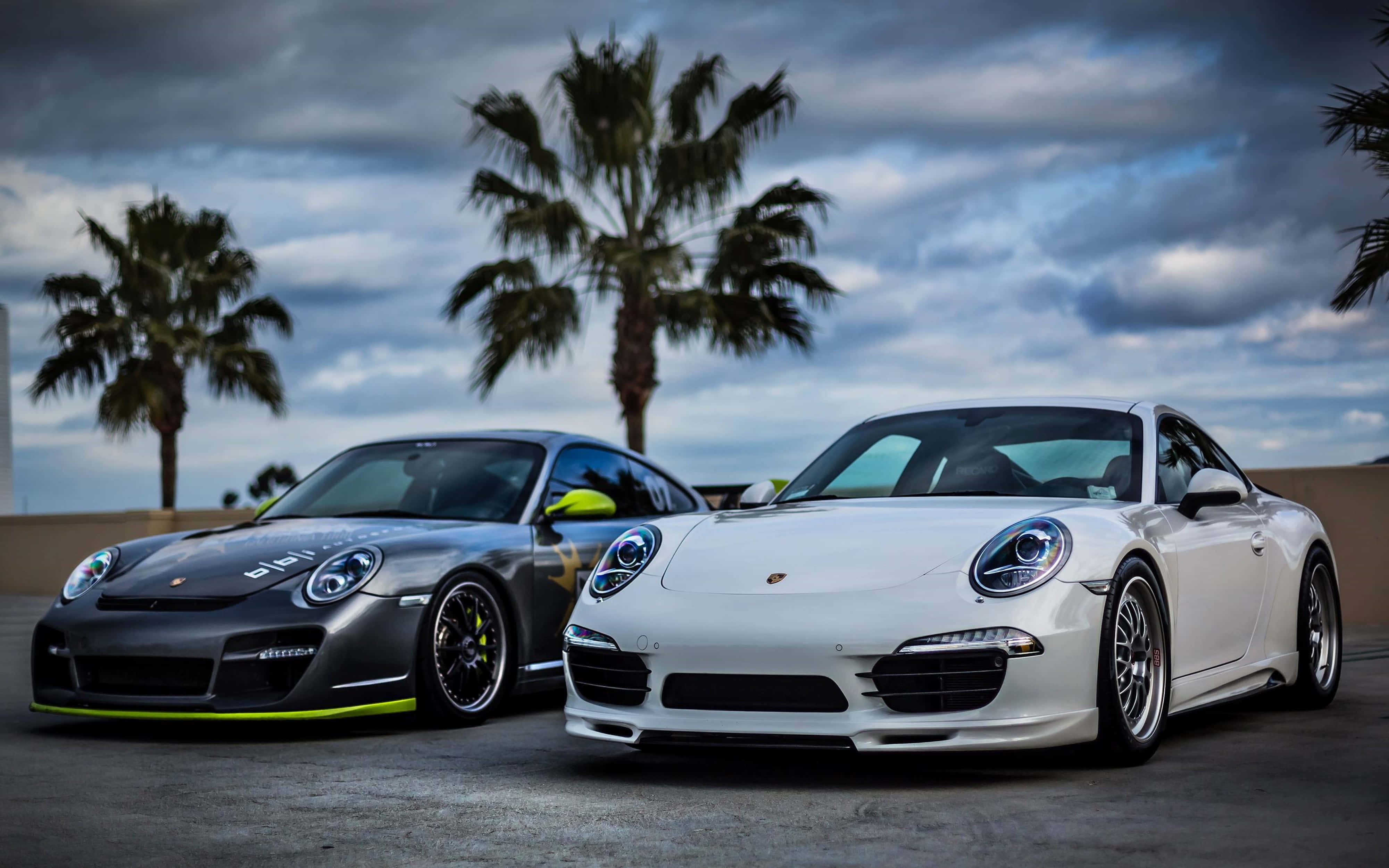 Porsche, black and white, neon accents, 4K Desktop Wallpaper