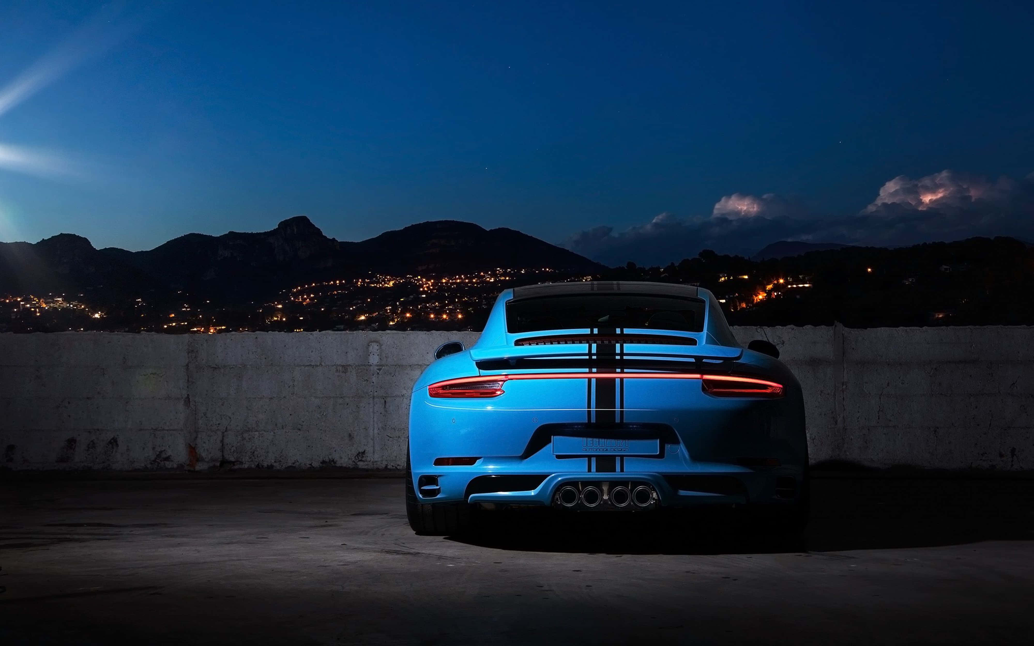 4K Ultra HD, Blue Porsche, concrete overlook, 4K Desktop Wallpaper