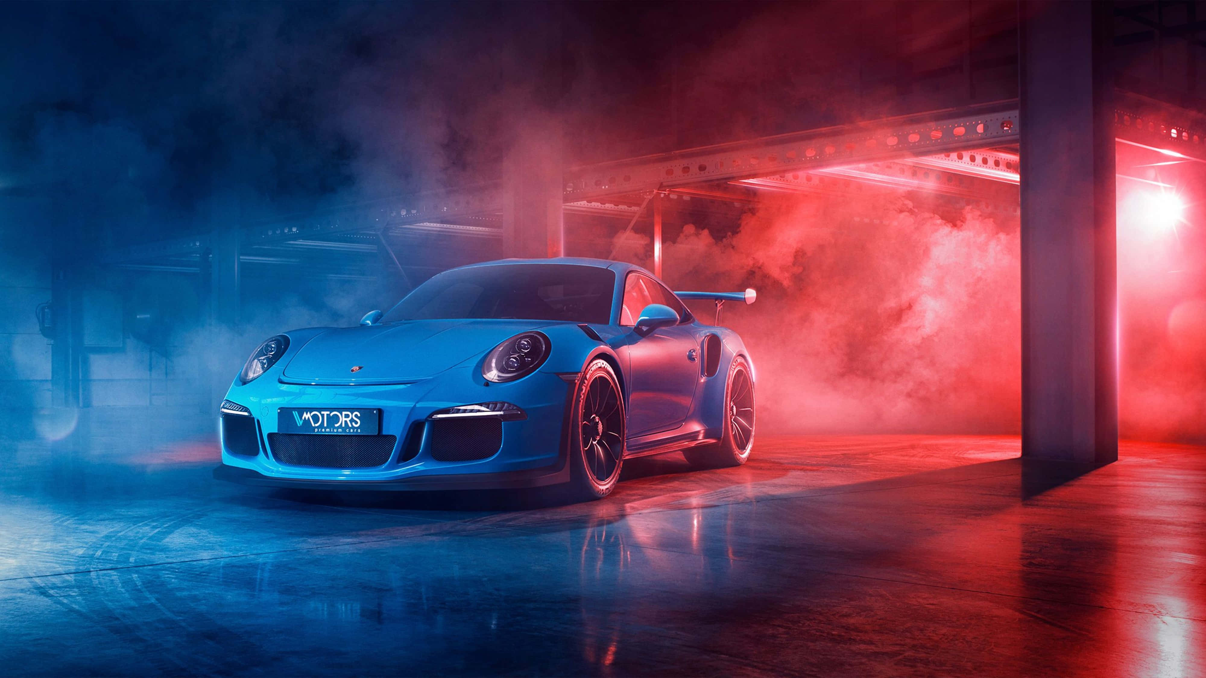 Porsche, vibrant blue, dramatic red and blue lighting, 4K Desktop Wallpaper