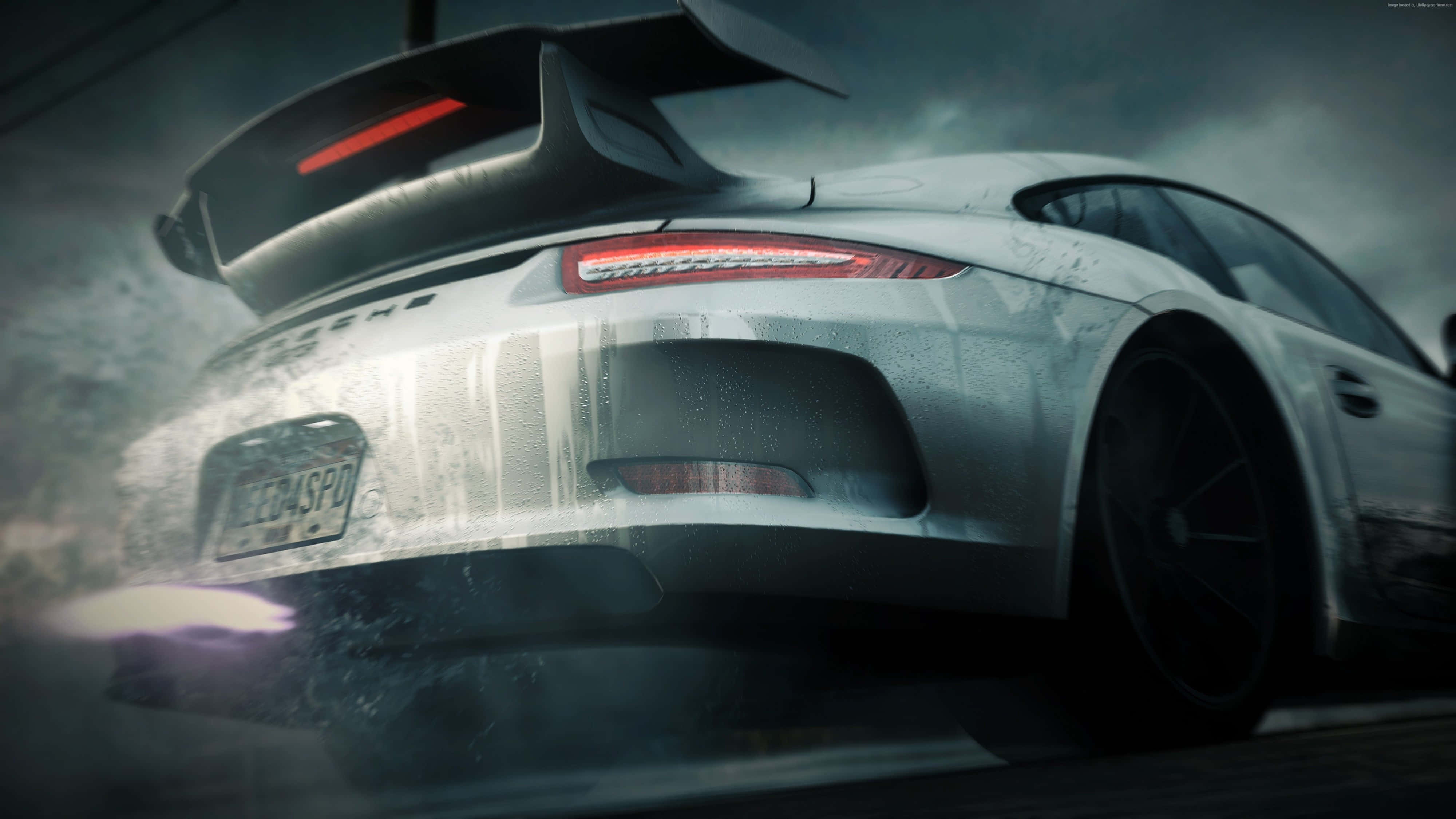 Porsche 911, wet silver, large rear wing, 4K Desktop Wallpaper