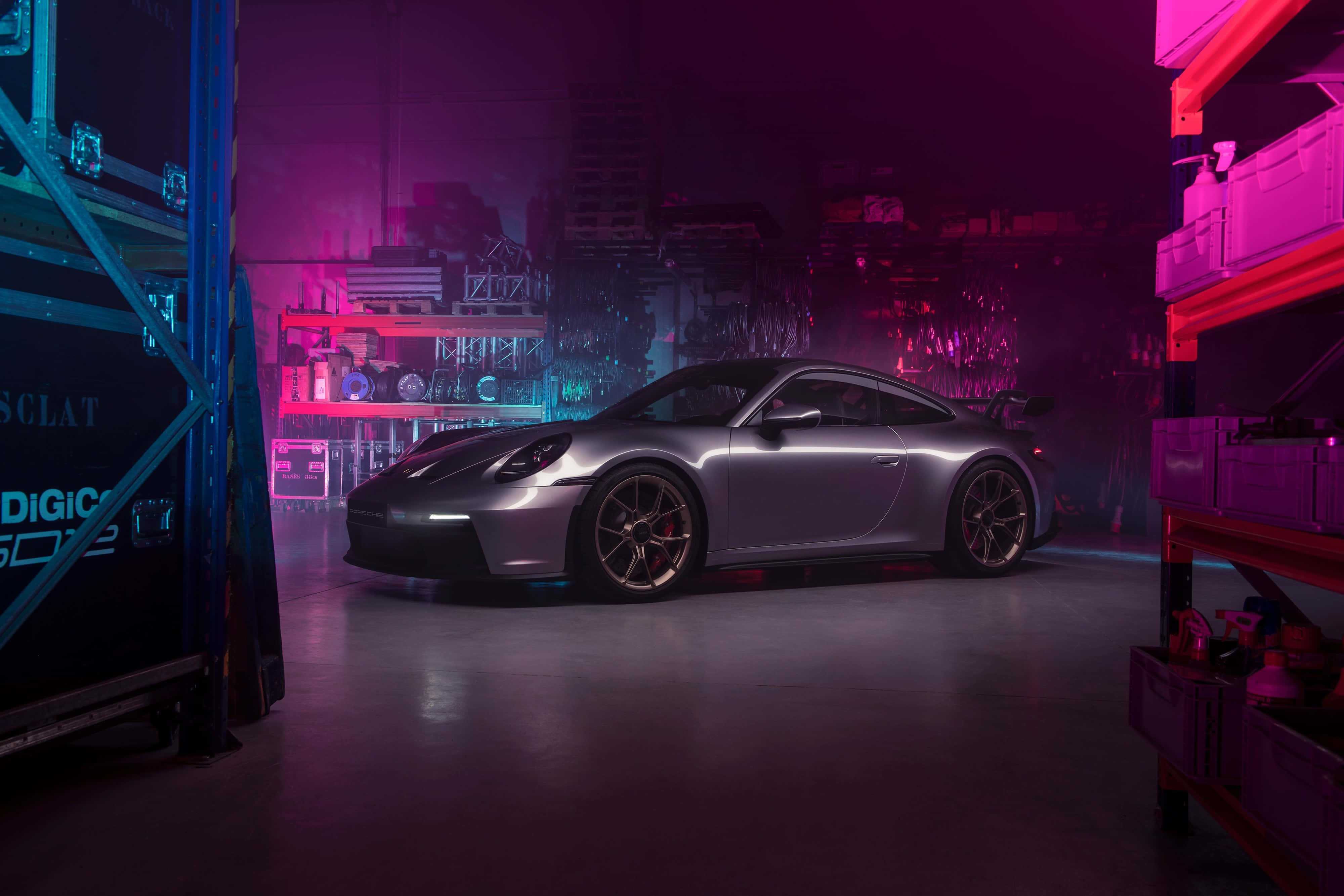 4K Ultra HD Porsche, silver, neon lights, 4K Desktop Wallpaper