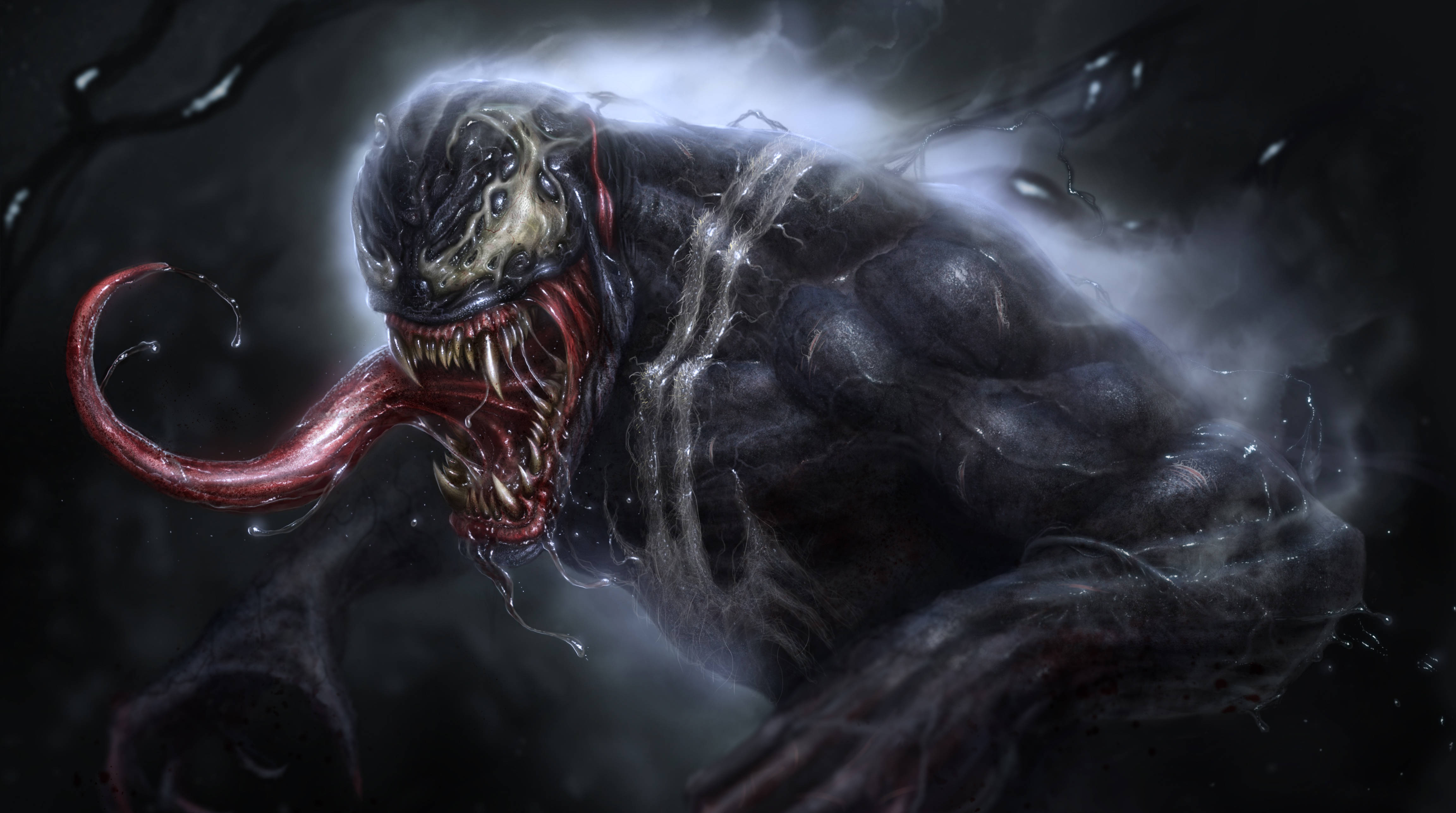 Misty 4K Ultra HD Venom Graphic, black symbiote creature, glowing eyes, 4K Desktop Wallpaper
