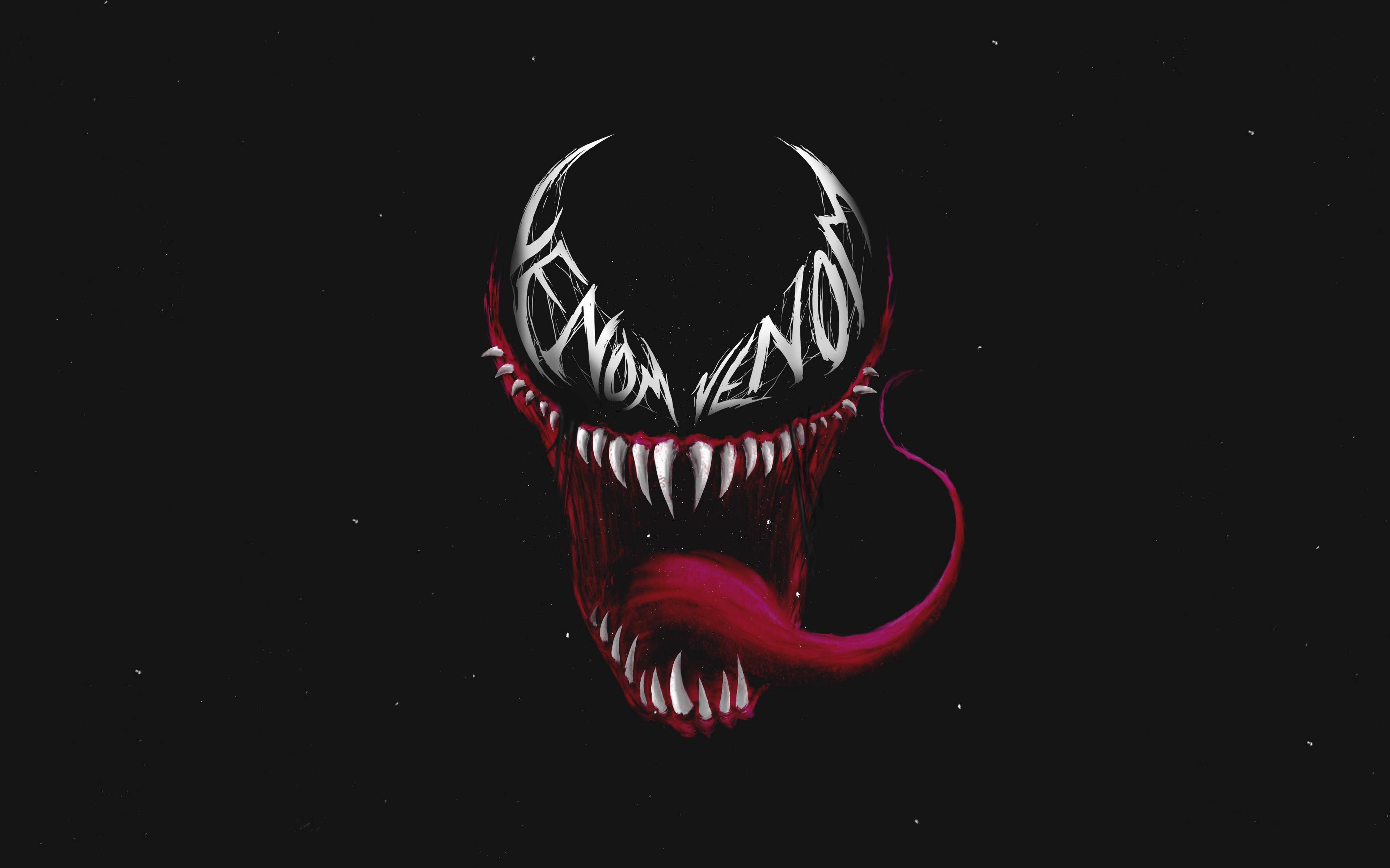Venom, glowing white eyes, sharp teeth, 4K Desktop Wallpaper