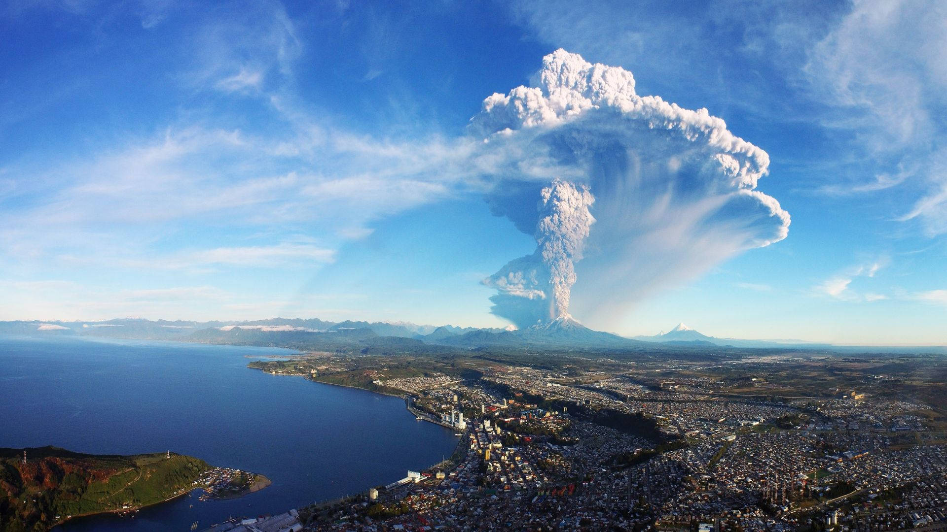 4K Ultra HD Windows, erupting volcano, coastal city, Full HD Desktop Wallpaper