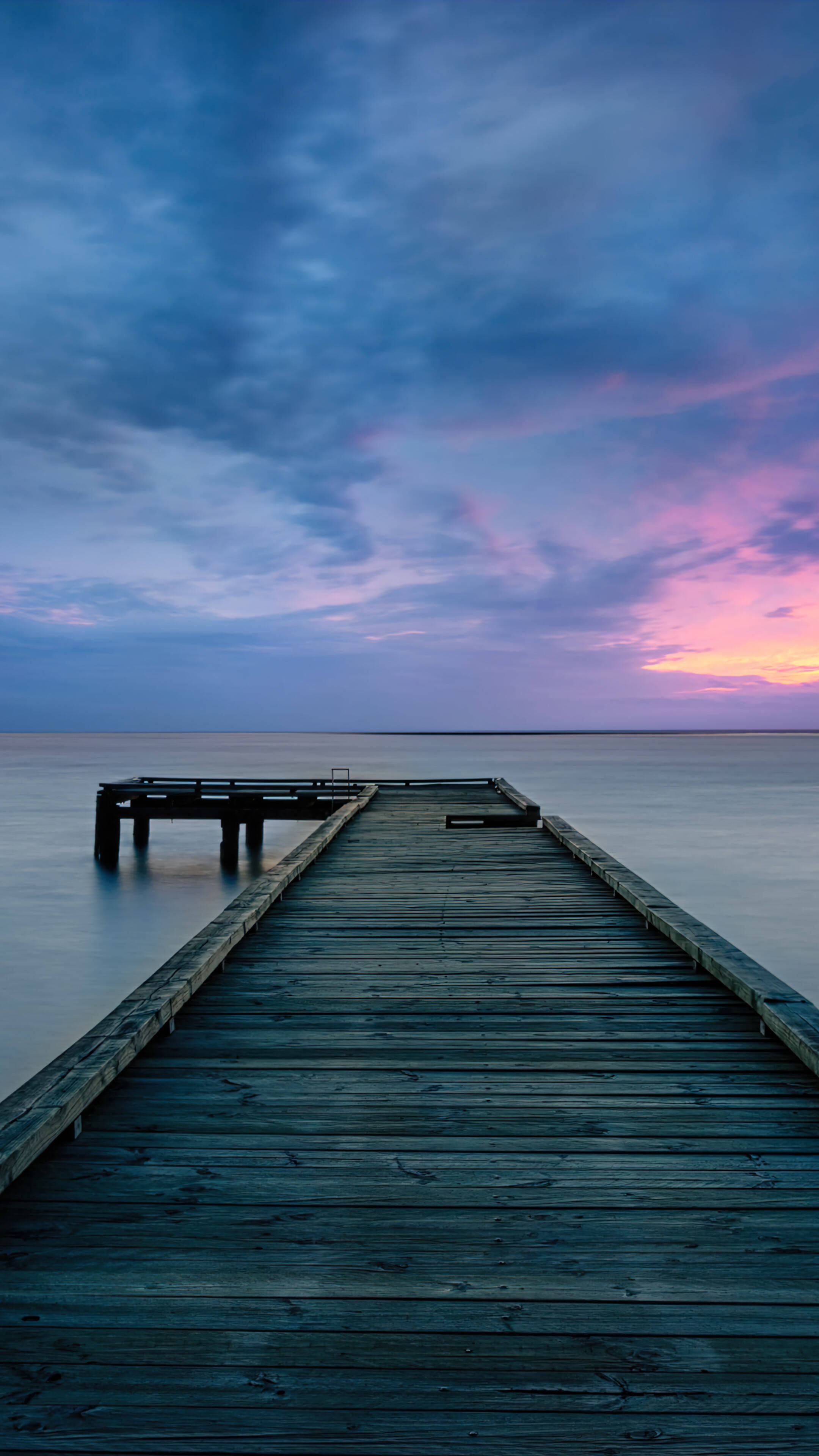 wooden pier, calm water, twilight sky, 4K Phone Wallpaper