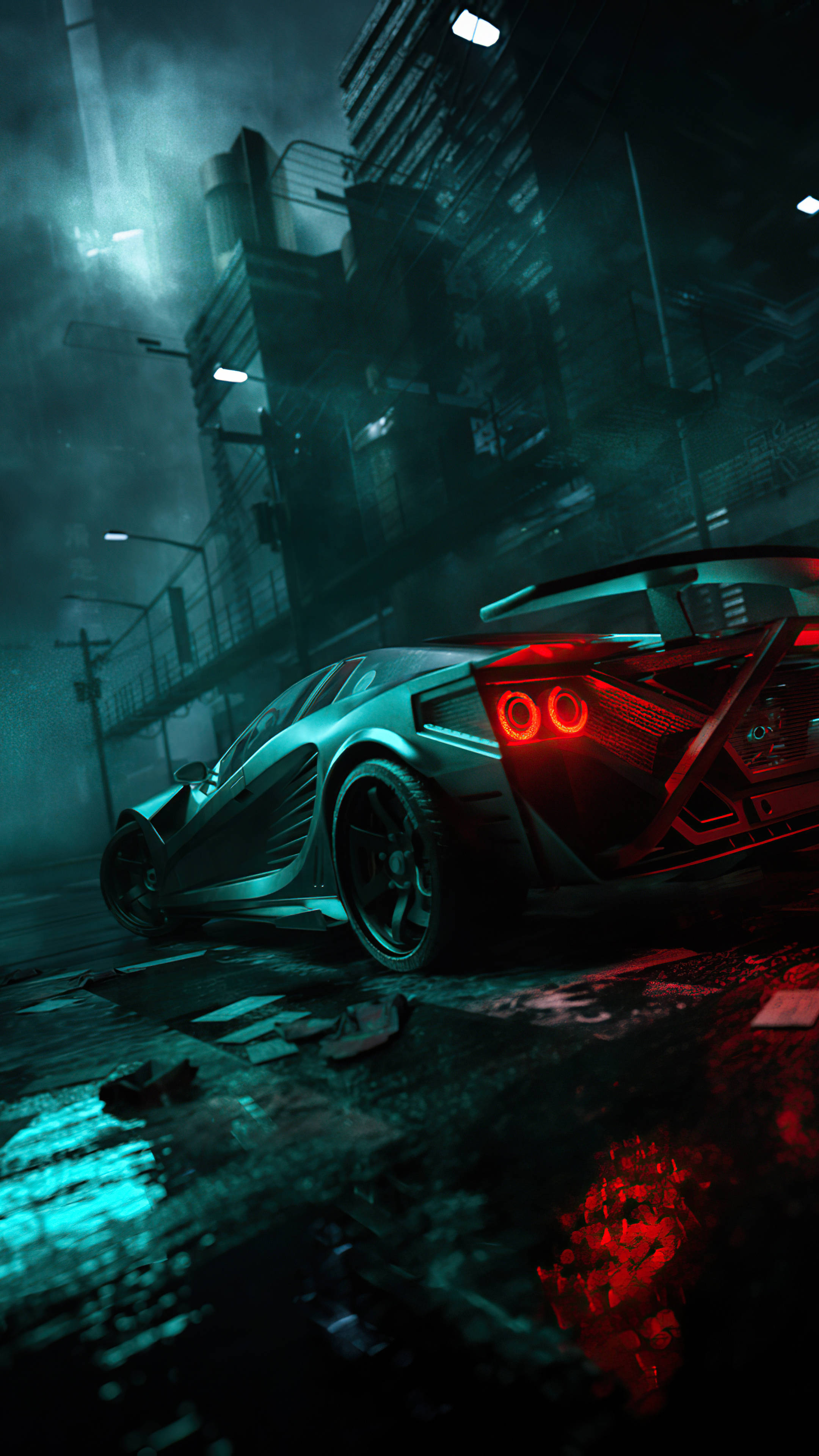 sleek sports car, glowing red taillights, rain-slicked urban street, 4K Phone Wallpaper