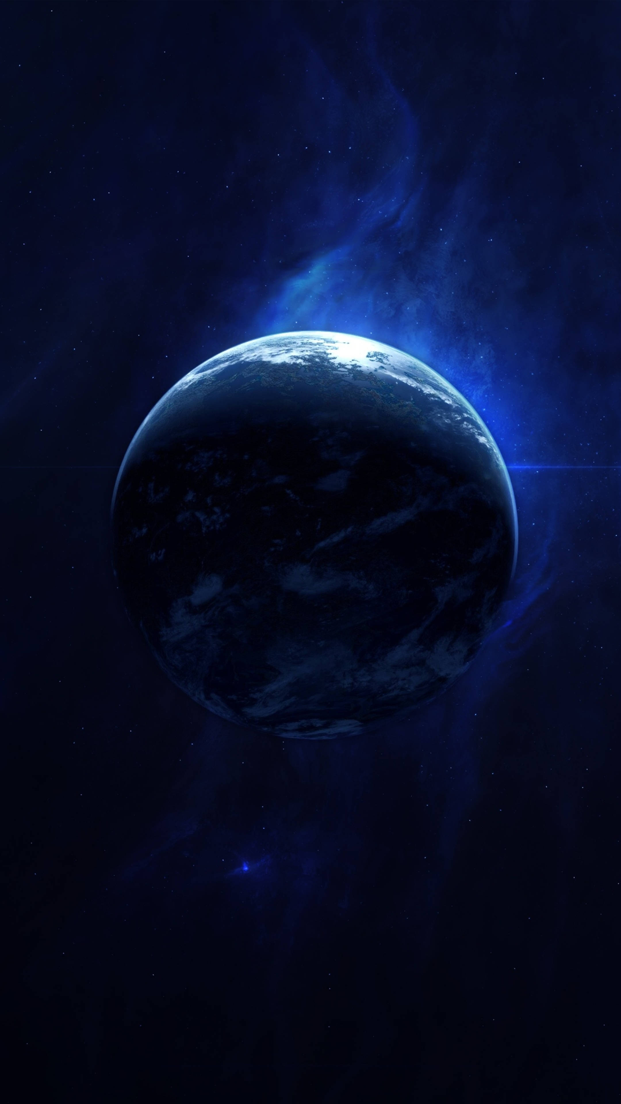 blue glowing planet, starry cosmic backdrop, swirling nebulae, 4K Phone Wallpaper