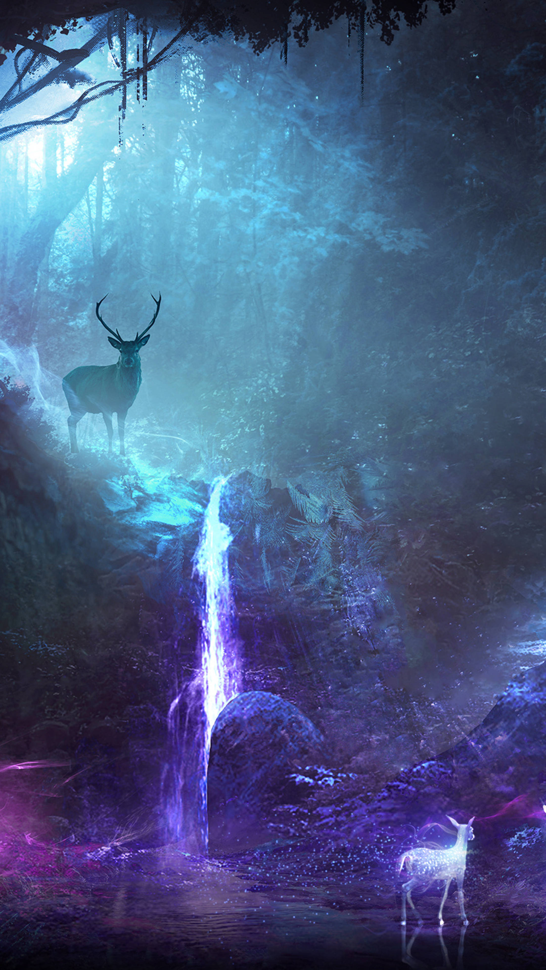 dreamy forest, deer, waterfall, 4K Phone Wallpaper