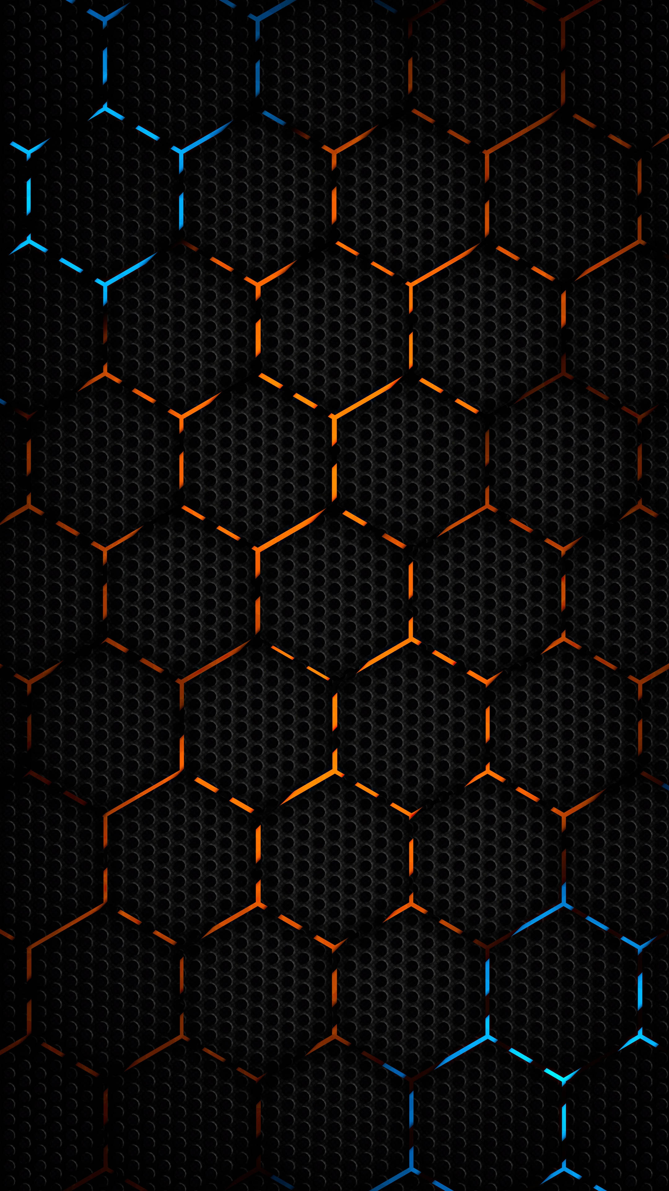 polygon patterns, 4K Ultra iPhone, glowing orange and blue hexagonal patterns, 4K Phone Wallpaper