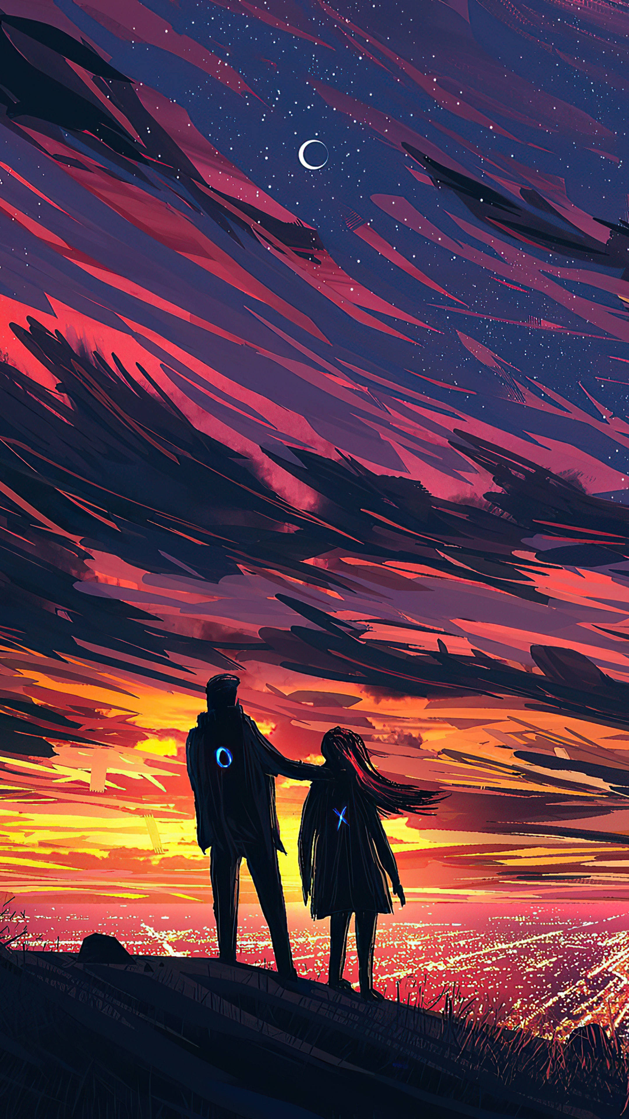 Sunset Art 4K Ultra iPhone, crescent moon, stars, 4K Phone Wallpaper