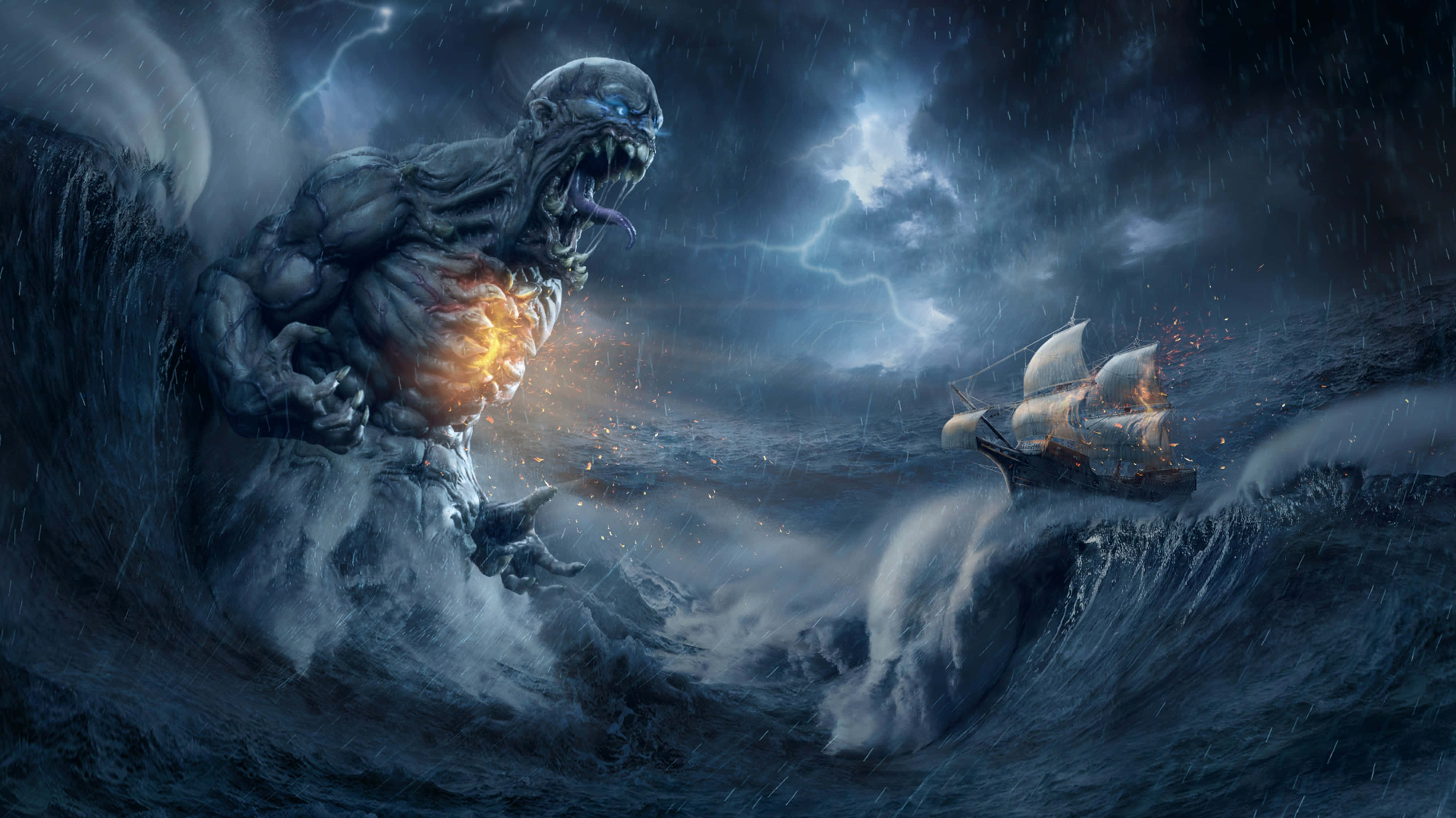 4K Ultra HD Ocean Monster, glowing core, stormy waves, 4K Desktop Wallpaper