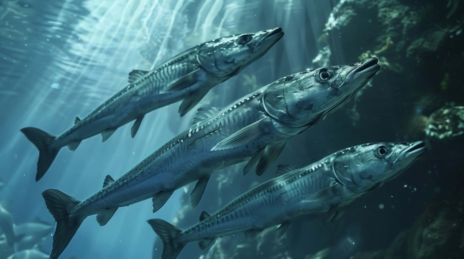 school of barracudas, sunlit blue water, rocky coral formations, Full HD Desktop Wallpaper