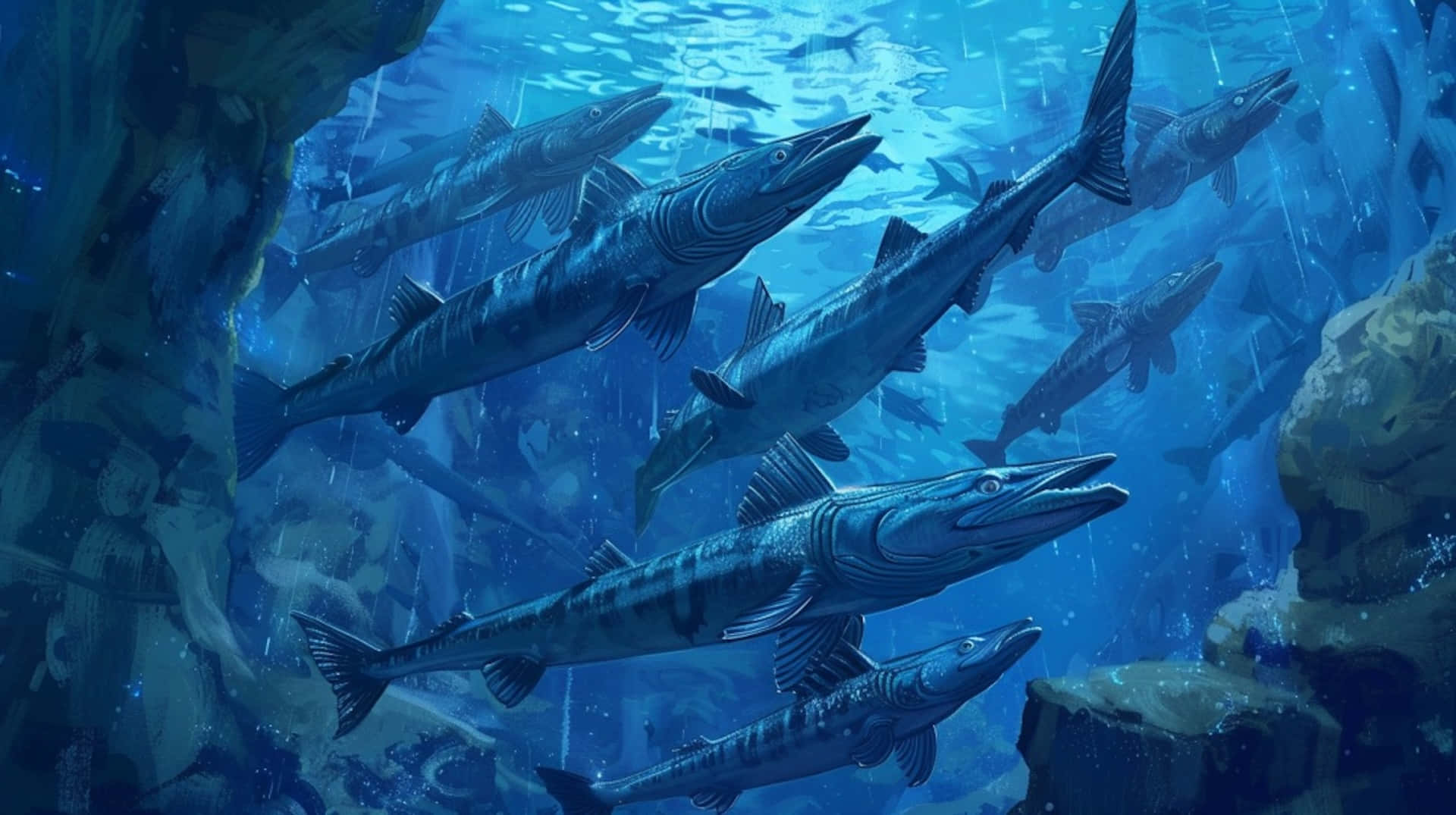 school of barracudas, sunlit underwater cave, rocky formations, Full HD Desktop Wallpaper