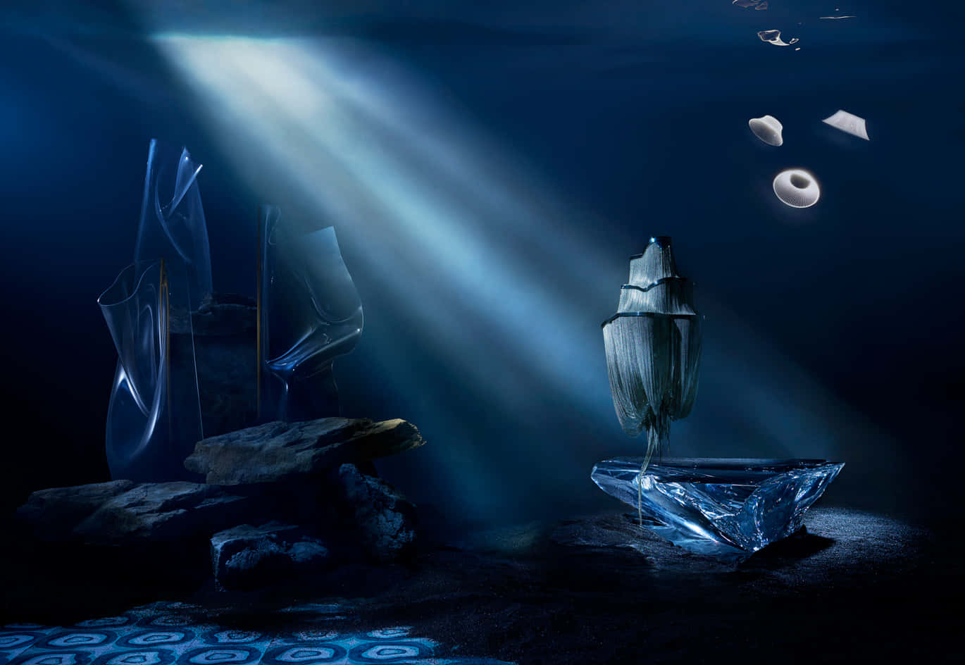 deep blue water, submerged glass sculptures, floating debris, HD Desktop Wallpaper