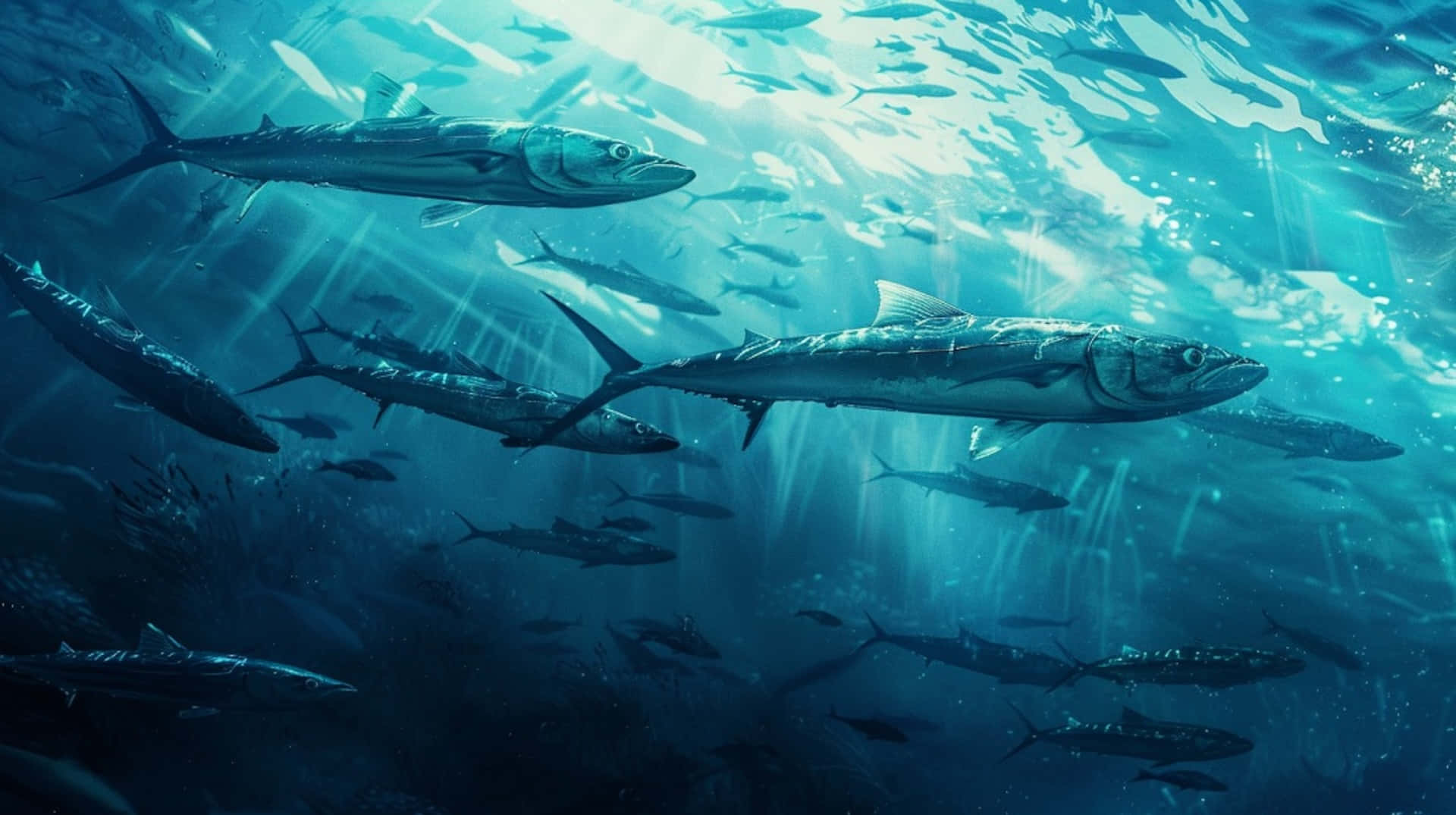 underwater barracuda school, sleek barracudas, sunlit turquoise waters, Full HD Desktop Wallpaper