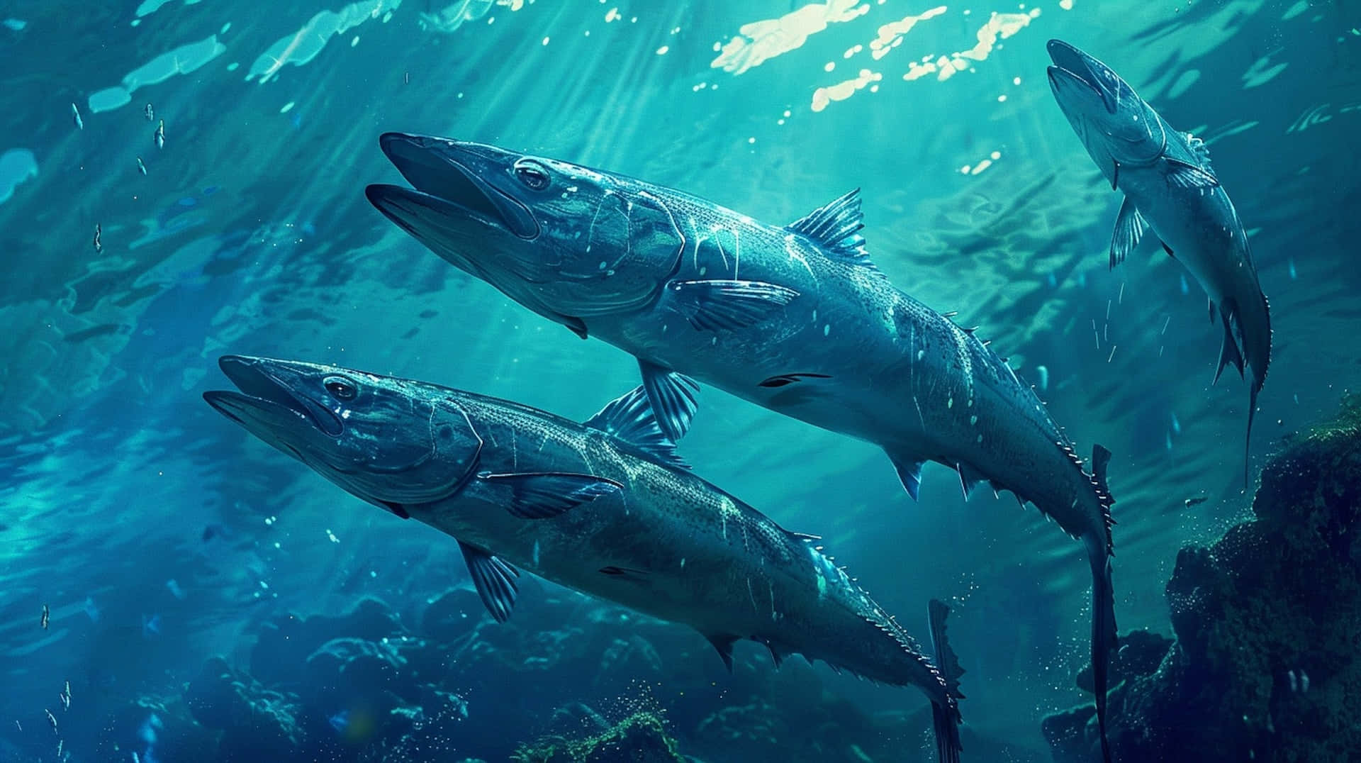 school of barracudas, turquoise waters, rocky reef, Full HD Desktop Wallpaper