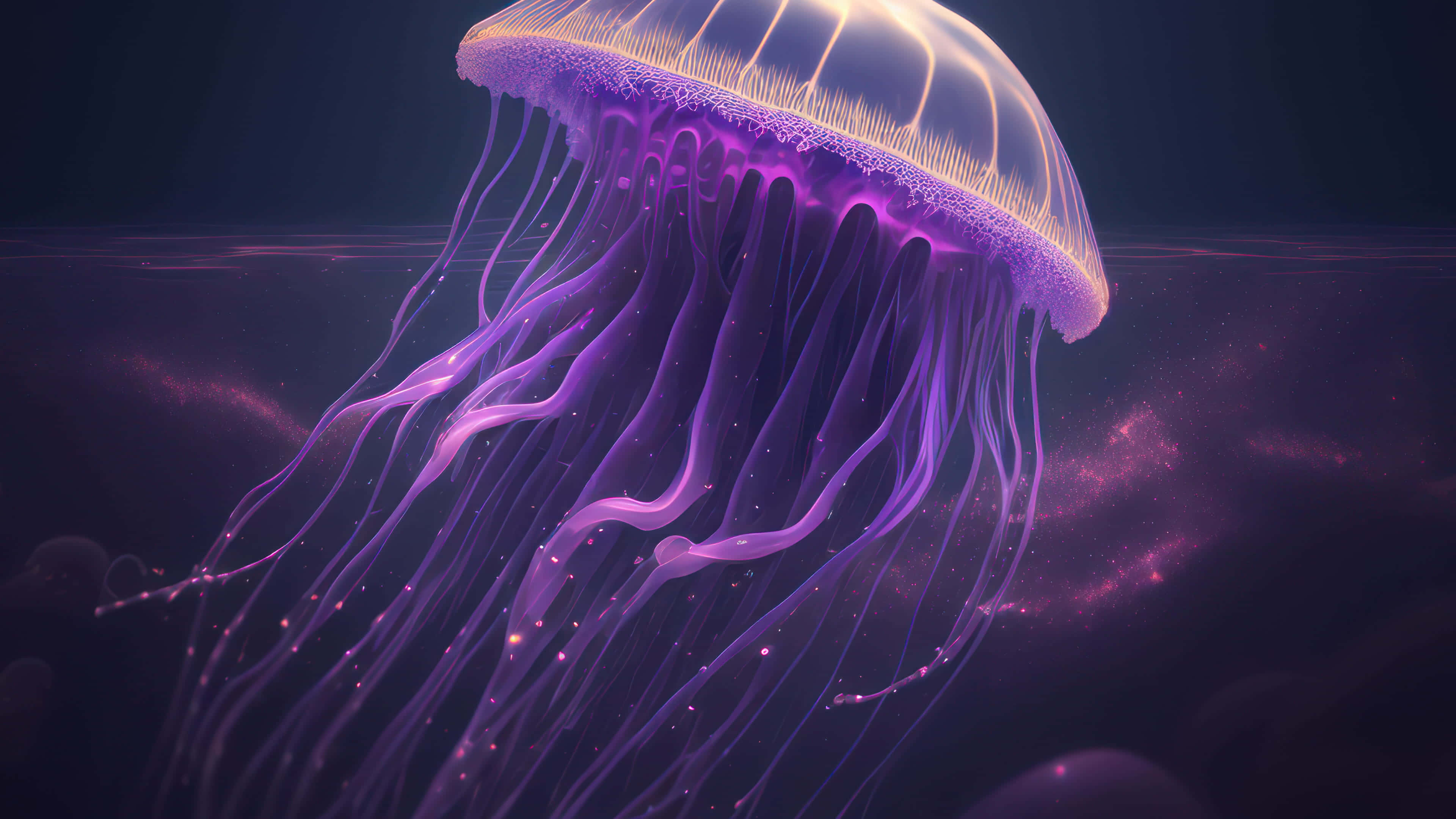 glowing purple jellyfish, dark cosmic underwater scene, floating particles, 4K Desktop Wallpaper