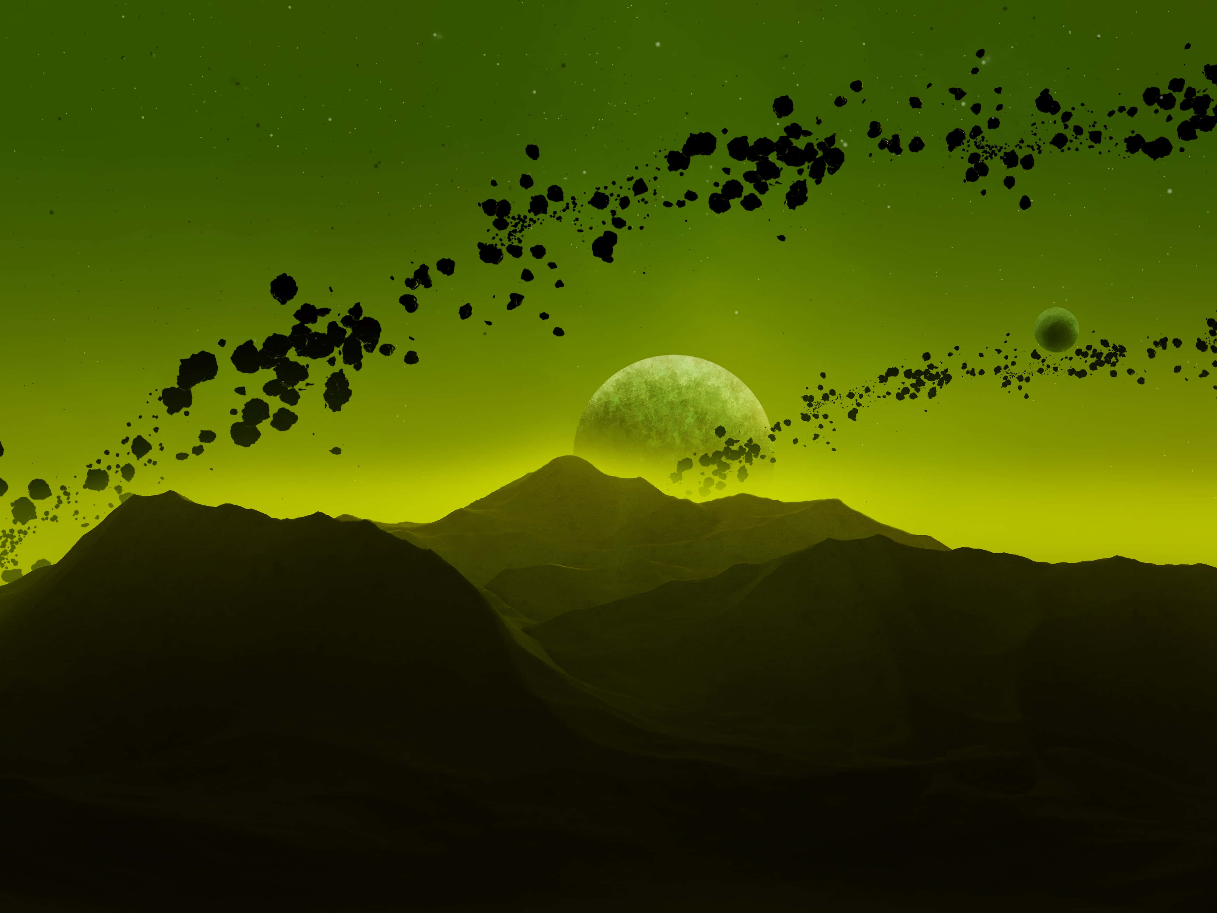 Cosmic 4K, glowing green sky, jagged mountains, 4K Desktop Wallpaper