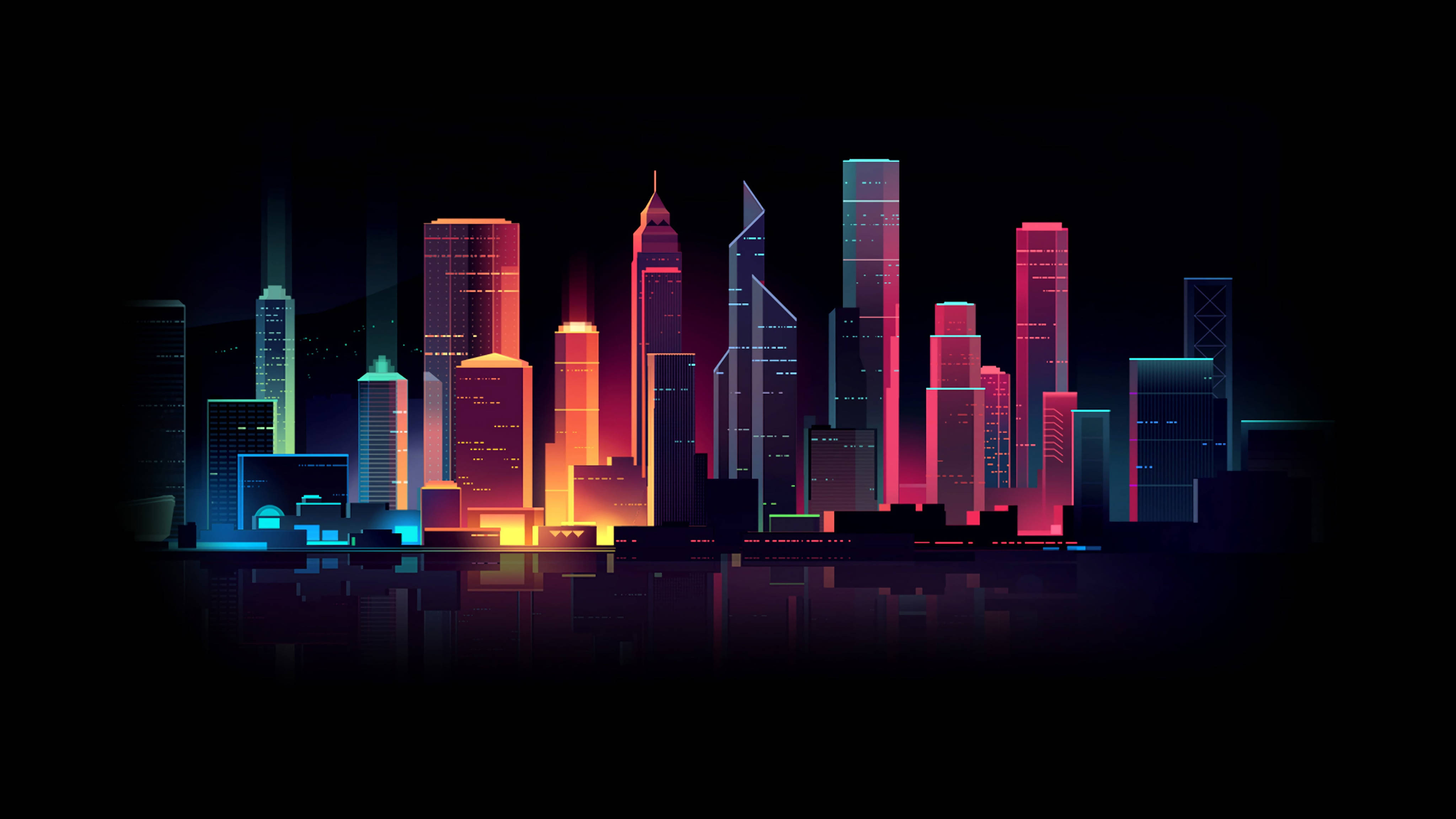 4K Vector, neon-lit skyscrapers, dark night sky, 4K Desktop Wallpaper