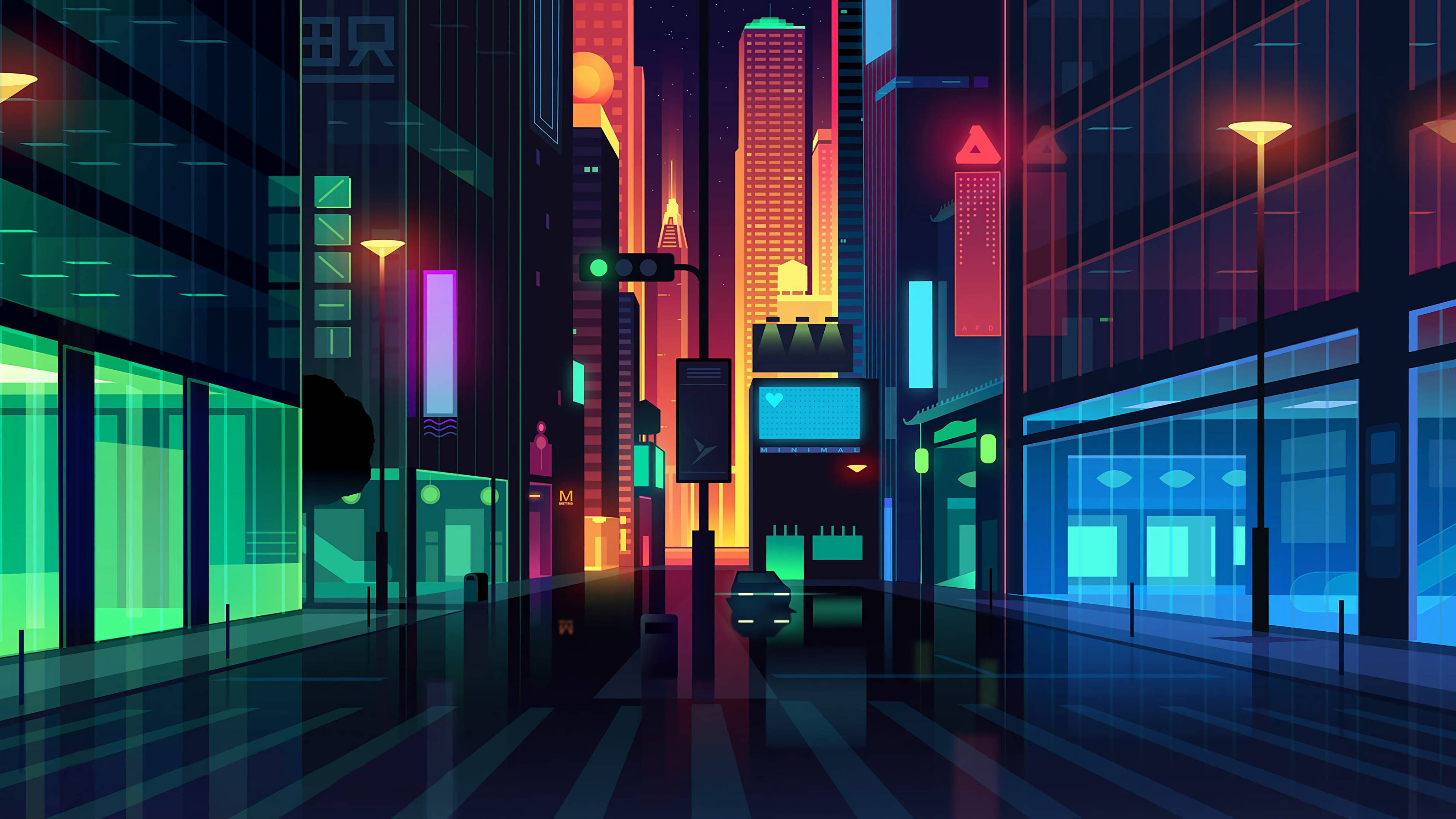 4K Vector, cyberpunk city street, neon-drenched, 4K Desktop Wallpaper
