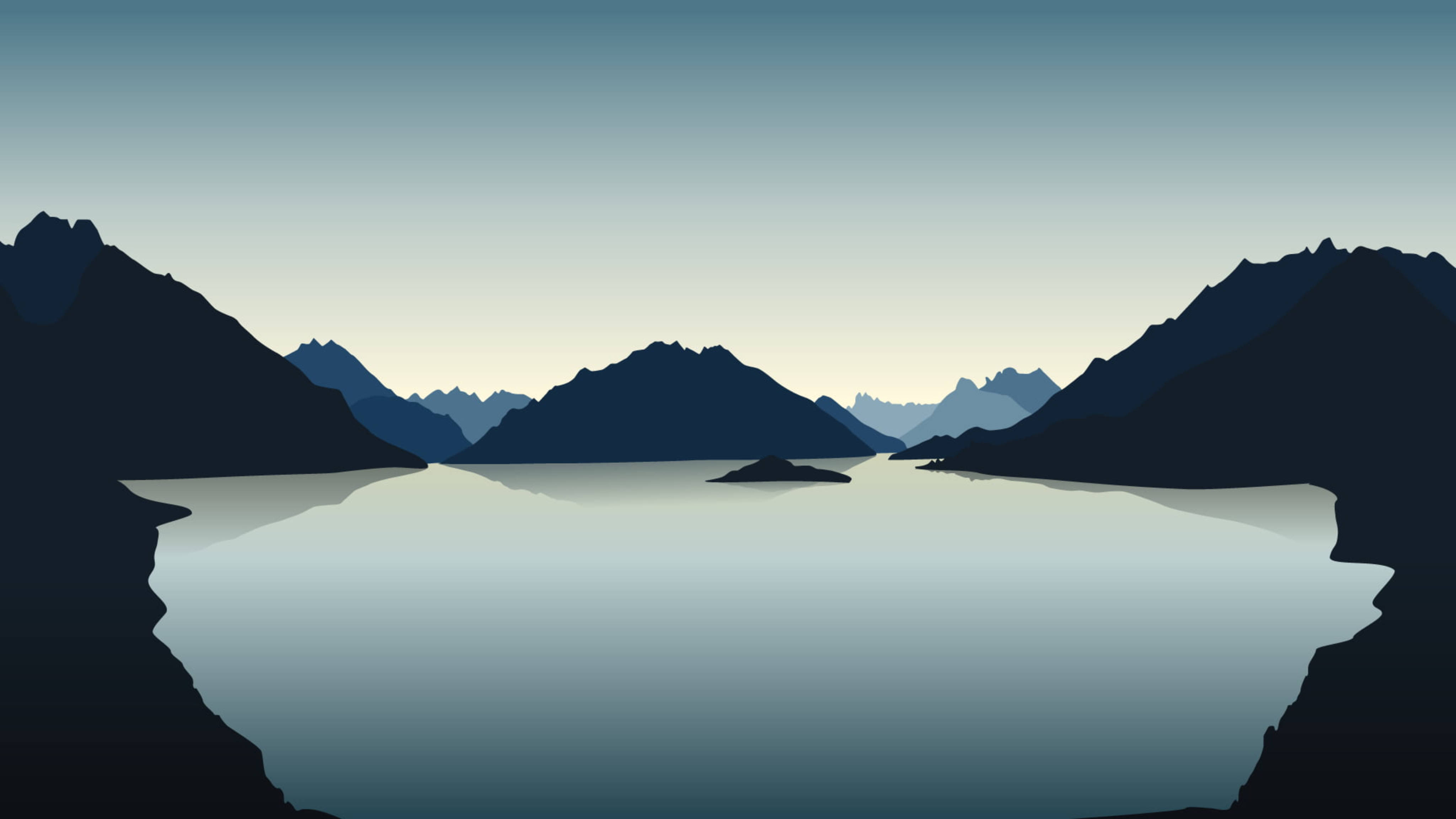 4K Vector, lake, silhouetted mountains, 4K Desktop Wallpaper