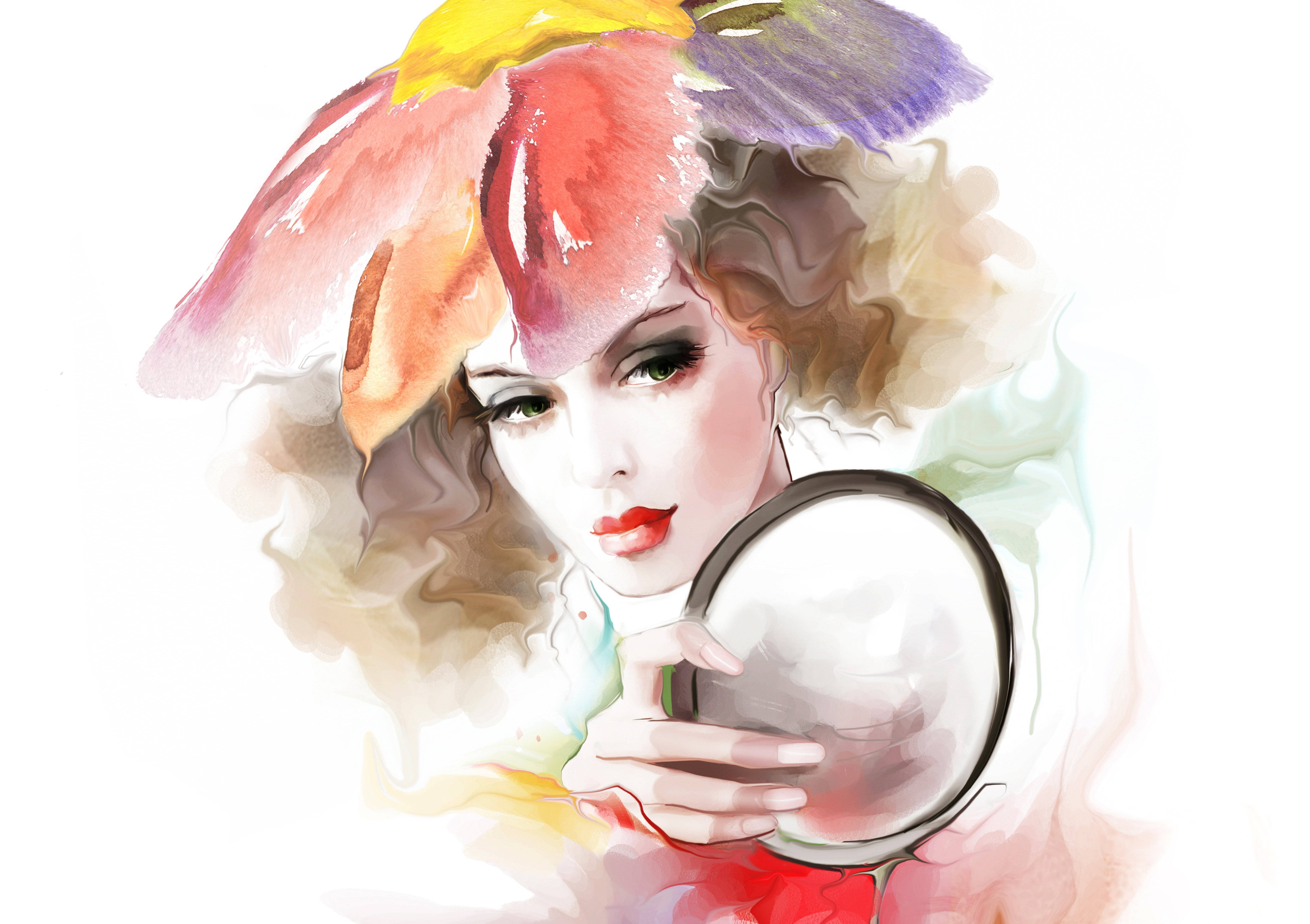 4K Vector Woman, watercolor portrait, colorful hat, 5K Desktop Wallpaper