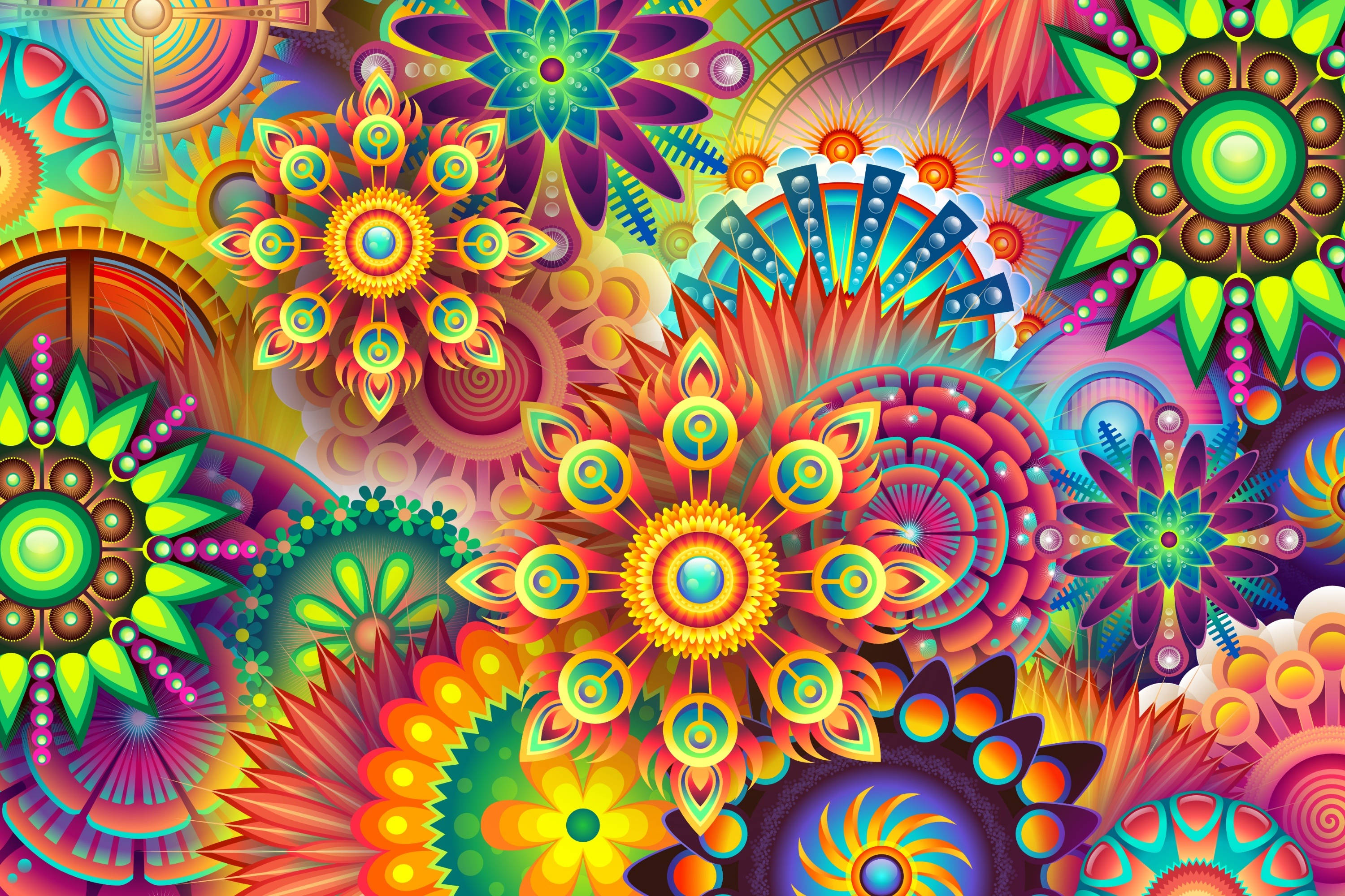 4K Vector, colorful shapes, glowing geometric flowers, 2K Desktop Wallpaper