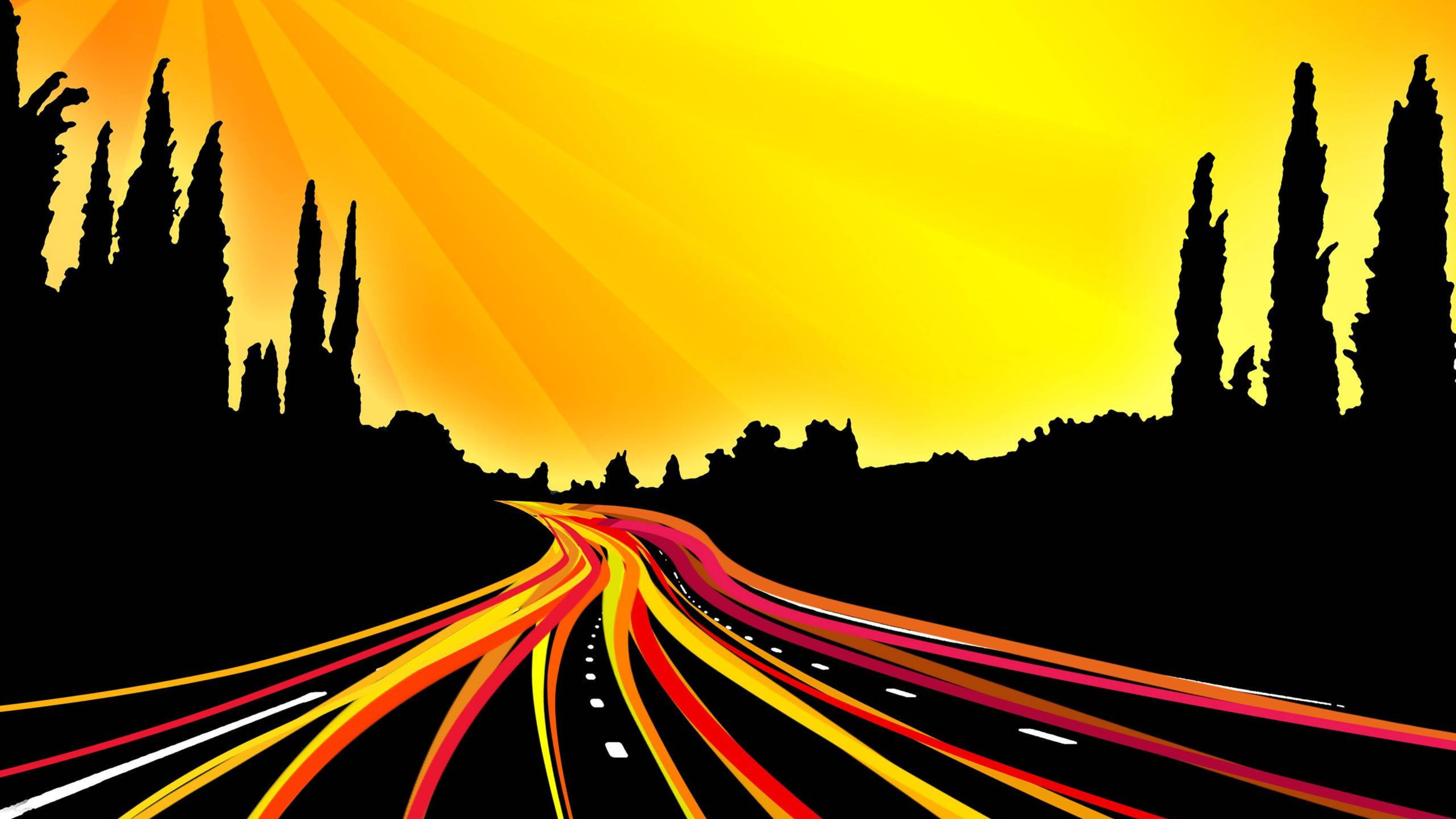 4K Vector, winding road, cypress trees, 4K Desktop Wallpaper