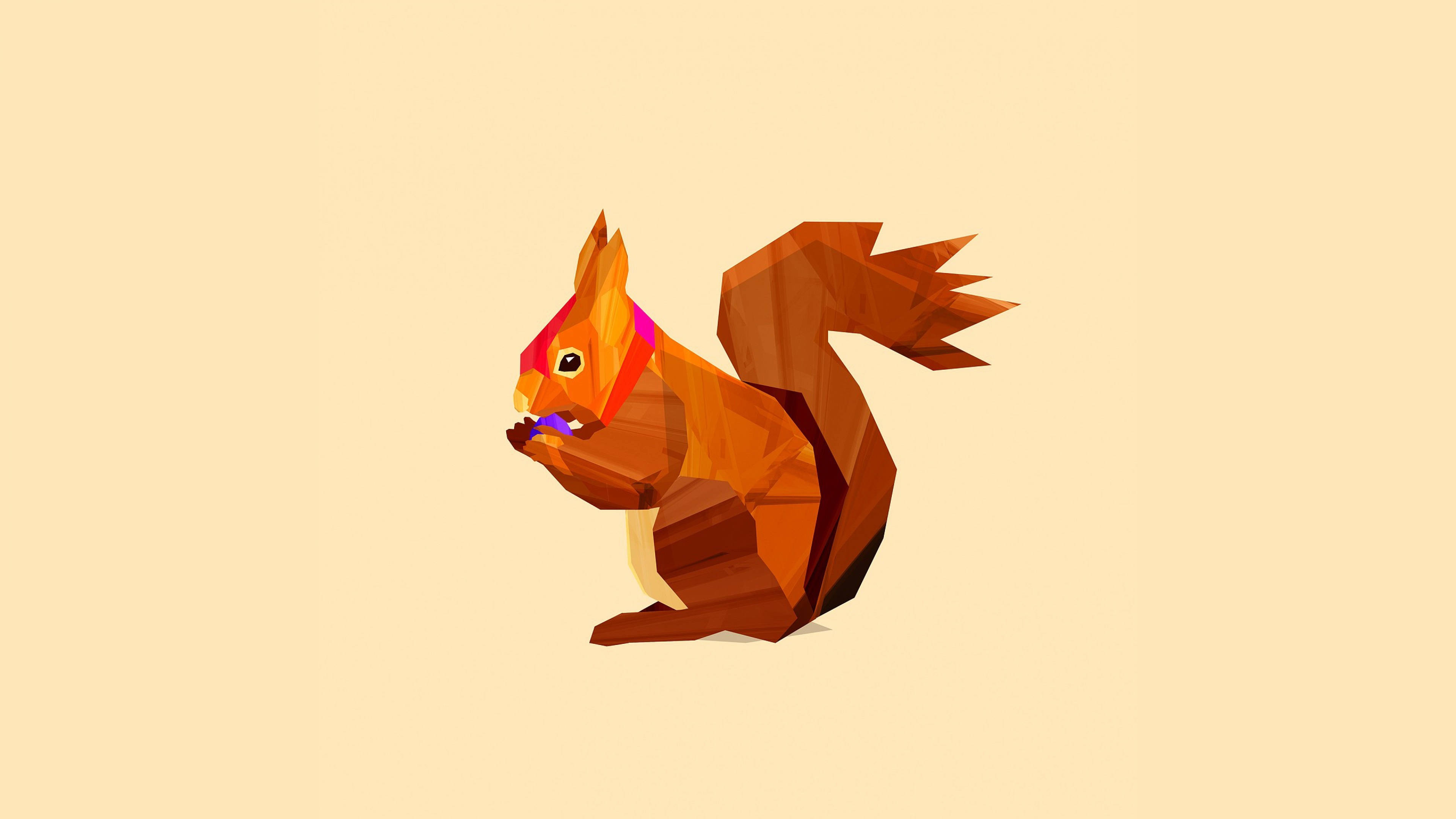 4K Vector Squirrel, orange and brown facets, purple nut, 4K Desktop Wallpaper