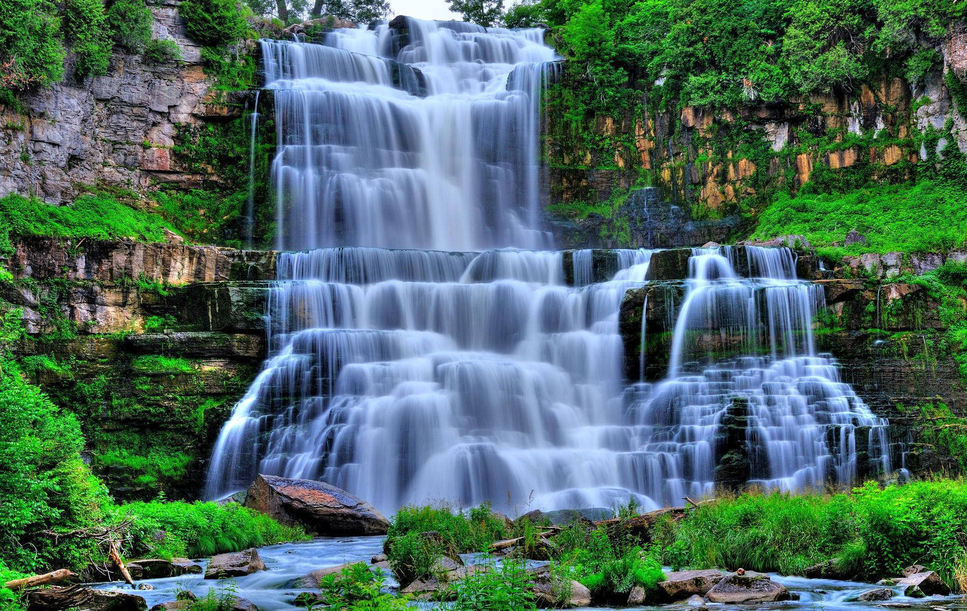 segmented waterfalls, multi-tiered waterfall, mossy rocks, HD Desktop Wallpaper
