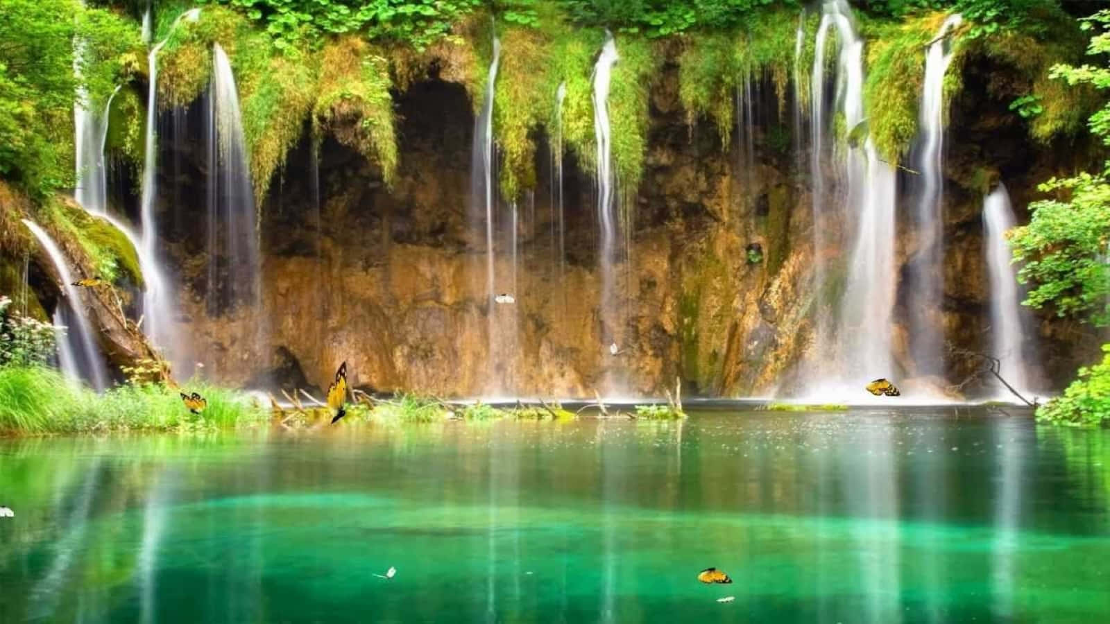 3D Waterfall, lush green landscape, crystal clear emerald pool, HD Desktop Wallpaper