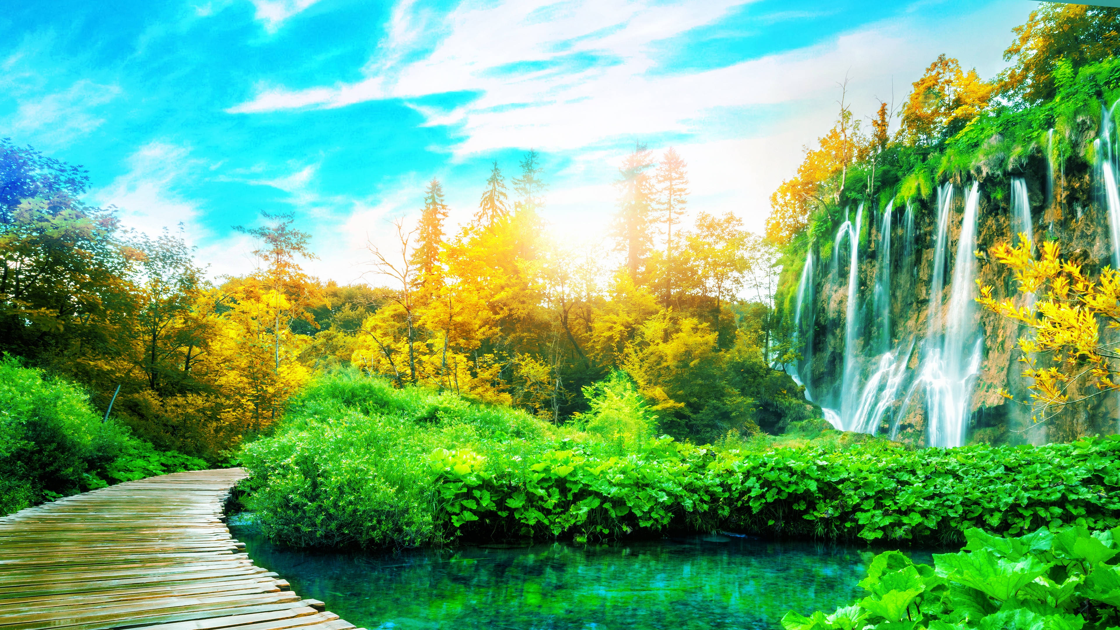 autumn waterfall serenity4 k u h d, wooden boardwalk, vibrant green foliage, 4K Desktop Wallpaper