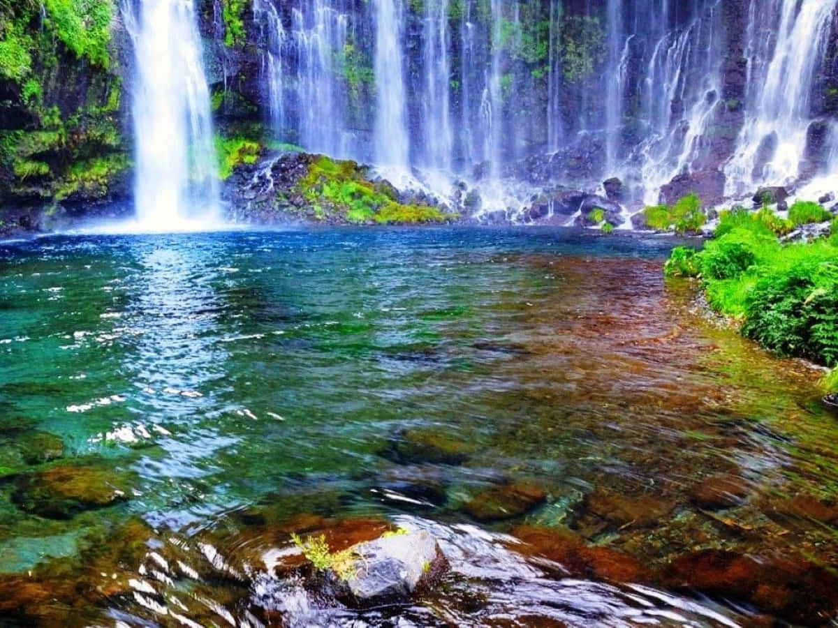 3D Waterfall, crystal clear emerald pool, lush green mossy rocks, SD Desktop Wallpaper