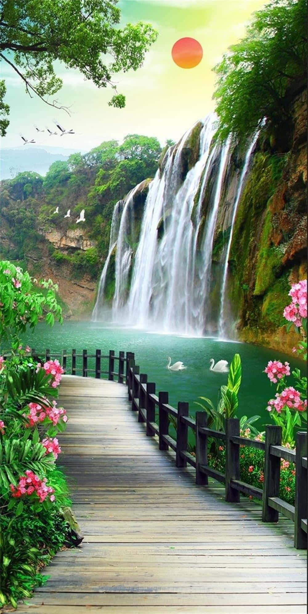 3D Waterfall, wooden boardwalk, vibrant pink flowers, Full HD Phone Wallpaper